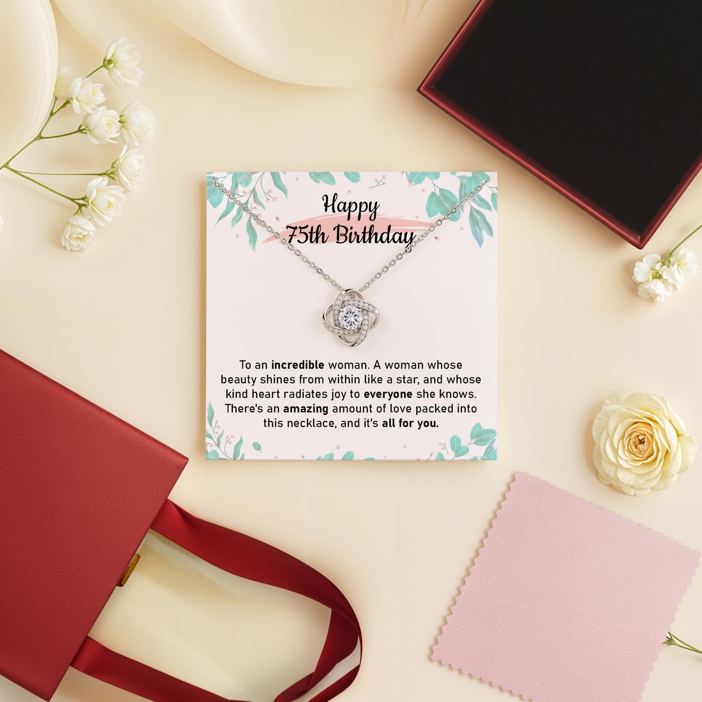 75th Birthday Gifts for Women, Elegant Love Knot Necklace with Message Card, Jewelry Gift for Grandma, Mom, or Wife, Milestone Birthday Keepsake