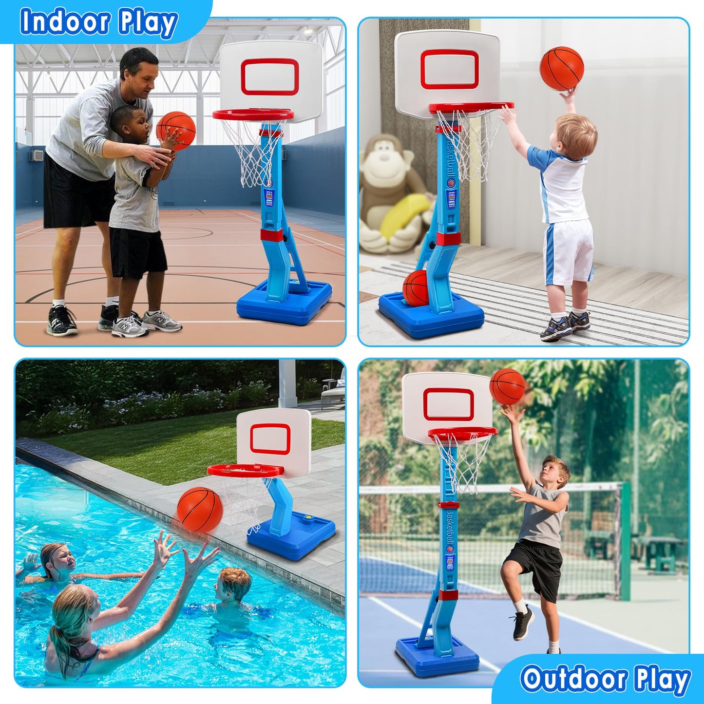 AOSPHYS Toddler Basketball Hoop Indoor Outdoor - Height Adjustable 27.6-54 Inches (5 Slots), Kids Basketball Hoop with 4 Inflatable Balls & Pump, Safe Toddler Toys for 1-6 Year Old Boys Girls
