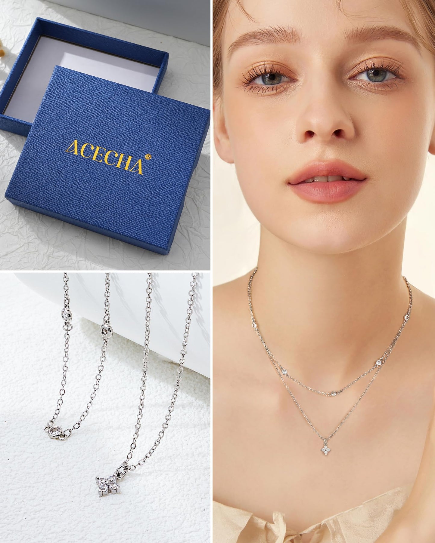 ACECHA Diamond Necklaces for Women-Dainty 18K Gold Silver Plated Choker CZ Layered Pendant with Zircon Cross Trendy Minimalist Necklace Jewelry Gifts For Women (silver-diamond clover)