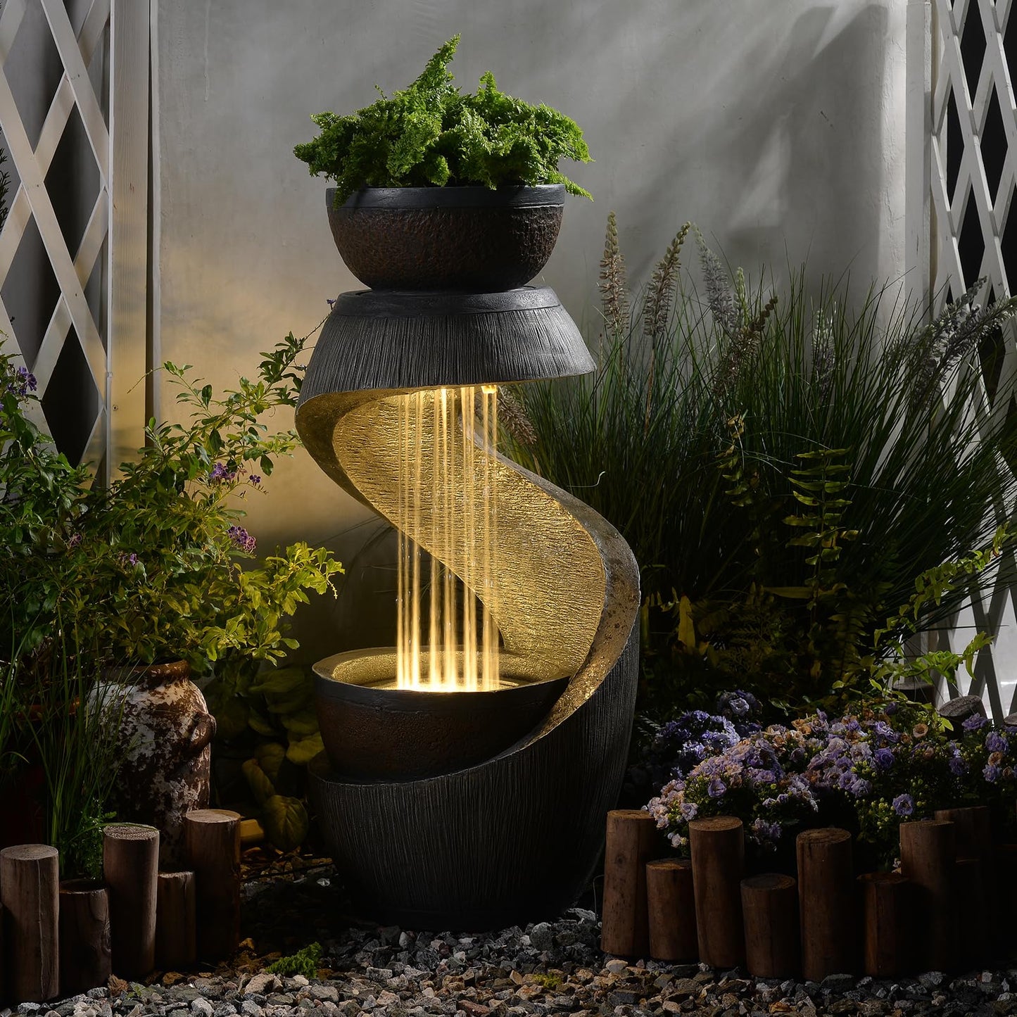 Sunlinua 31.9" S-Shaped Water Outdoor Fountain–Modern Cascading Waterfall Feature with LED Lights & Planter Bowl, Garden Fountains Outdoor for Patio, Balcony, Yard or Home Decor, Resin Waterfall