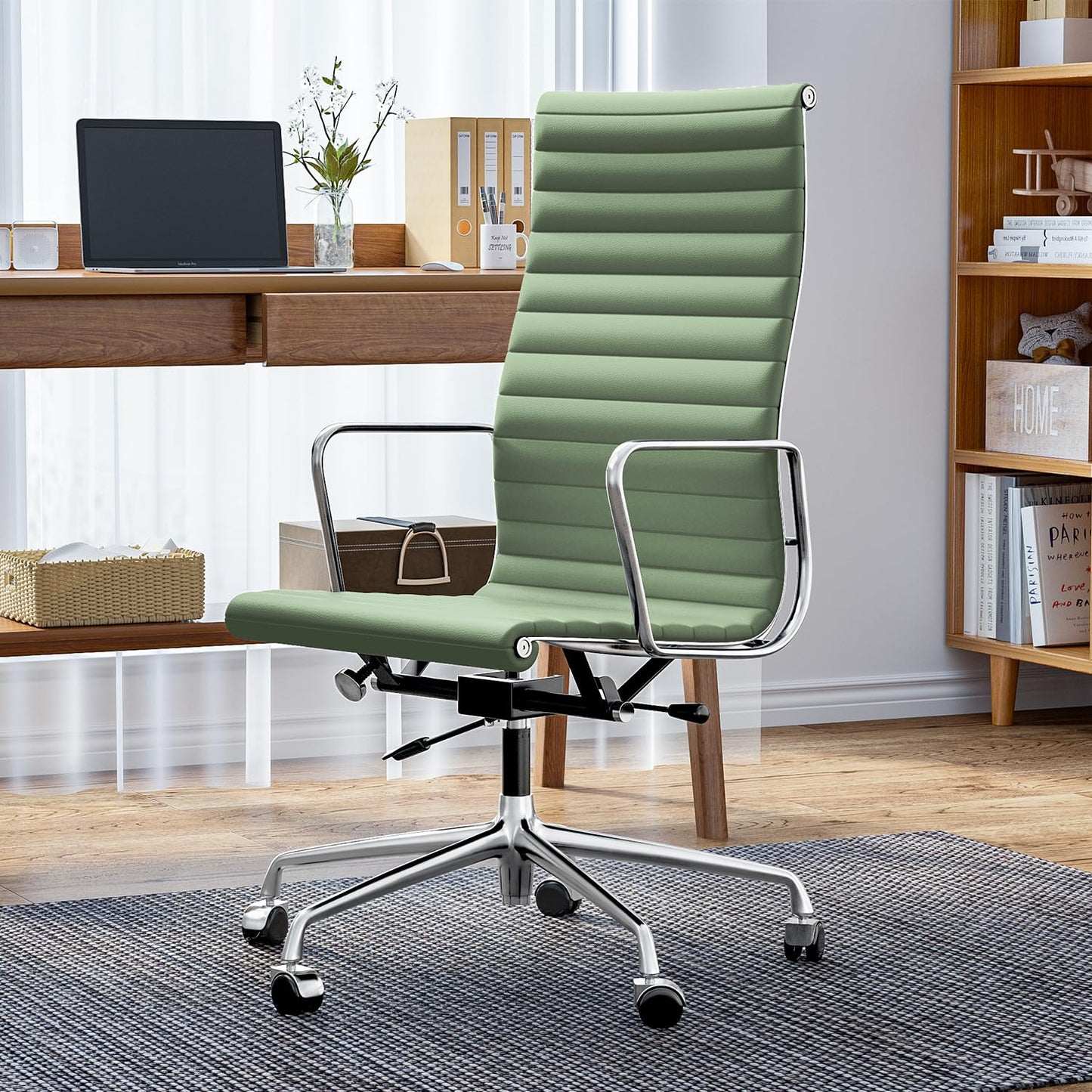 OTDMEL Ribbed Office Chair with Top Grain Leather - High Back Ergonomic Desk Chair with Aluminum Arm Rest and 5-Star Base, Swivel Chairs Light Green