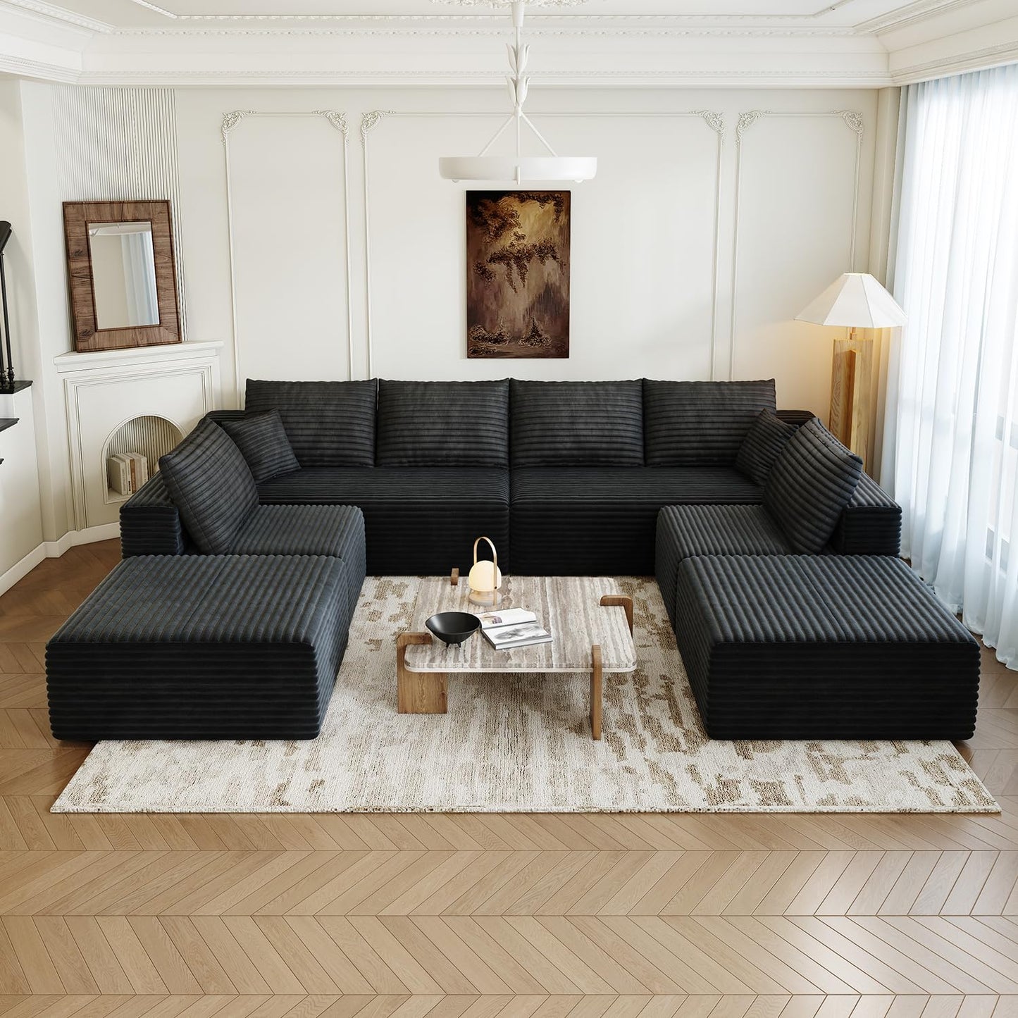 139.4" Modular Sectional Sofa Couch, Oversized U-Shaped Minimalist Couches with 2 Ottomans Chaise and 2 Middle Seats, Modern Deep Seat Cloud Plush Corduroy Sofas Set for Living Room, 8 Seater, Black