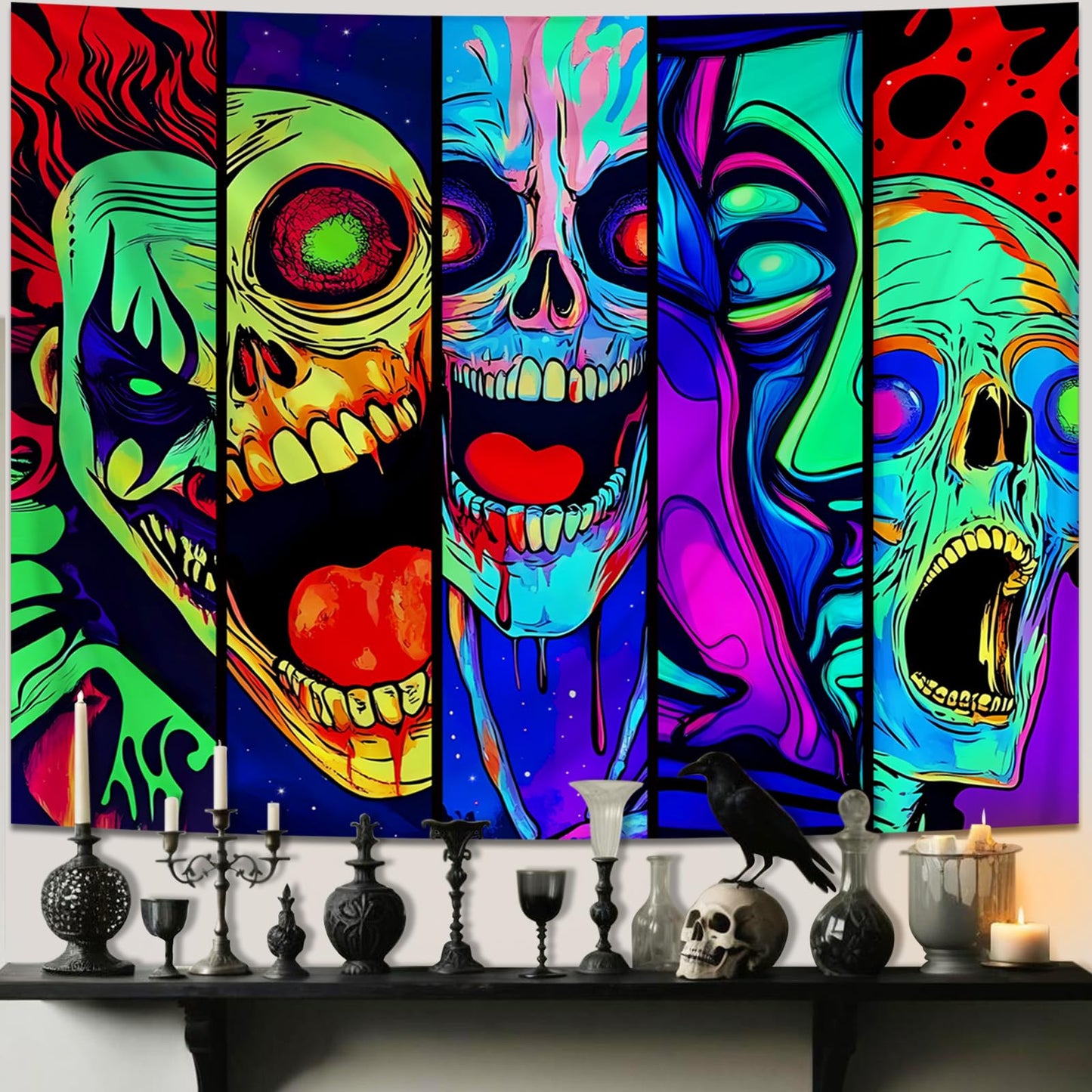 Apdidl Blacklight Halloween Horror Decor Tapestry for Bedroom, Black Light Posters Skull Face Scary Skeleton Funny Wall Art Tapestries，UV Reactive Glow in The Dark Party Wall Hanging for Living Room 51"X60"