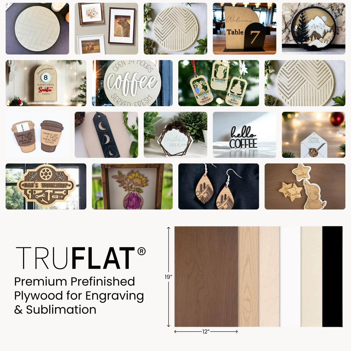 TruFlat Paint PrimedPre-Finished Plywood Sheets 12 x 19 x 1/8 Inch – MDF Core Wood Boards for Laser Cutting, Engraving, Painting and Sublimation – Smooth Double Sided Finish – Case of 24