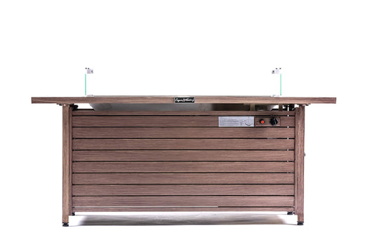 57 Inch 50000BTU Fire Table with Glass Wind Guard, with Cover and Table Lid, Nature Wood Coating