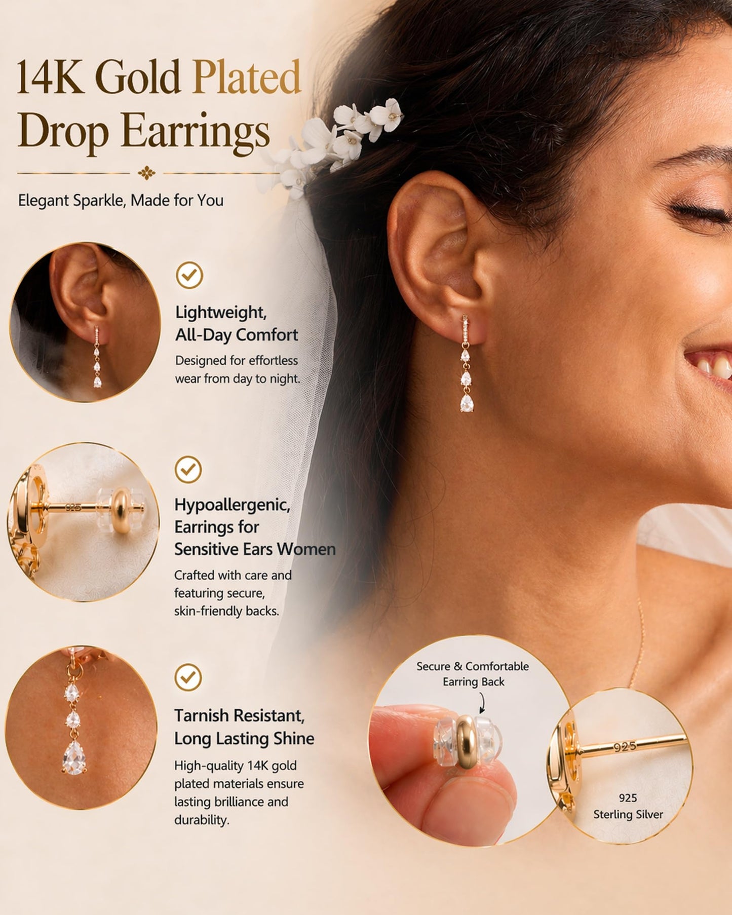 Asdecy Gold Dangle Earrings for Women Trendy 14K Gold Plated Brides Drop Dangle Cubic Zirconia Elegant Prom Bridal Bridesmaids Wedding Anniversary Dangling Jewelry