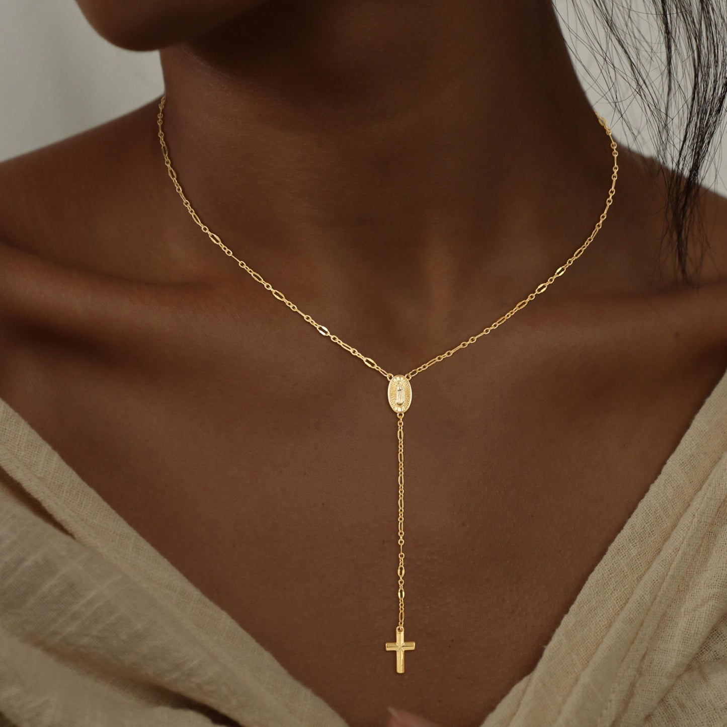 CHESKY 14K Gold Plated Long Necklace for Women Y Shaped Necklace Rosary Cross Drop Pendant Necklace Dainty Trendy Christian Jewelry