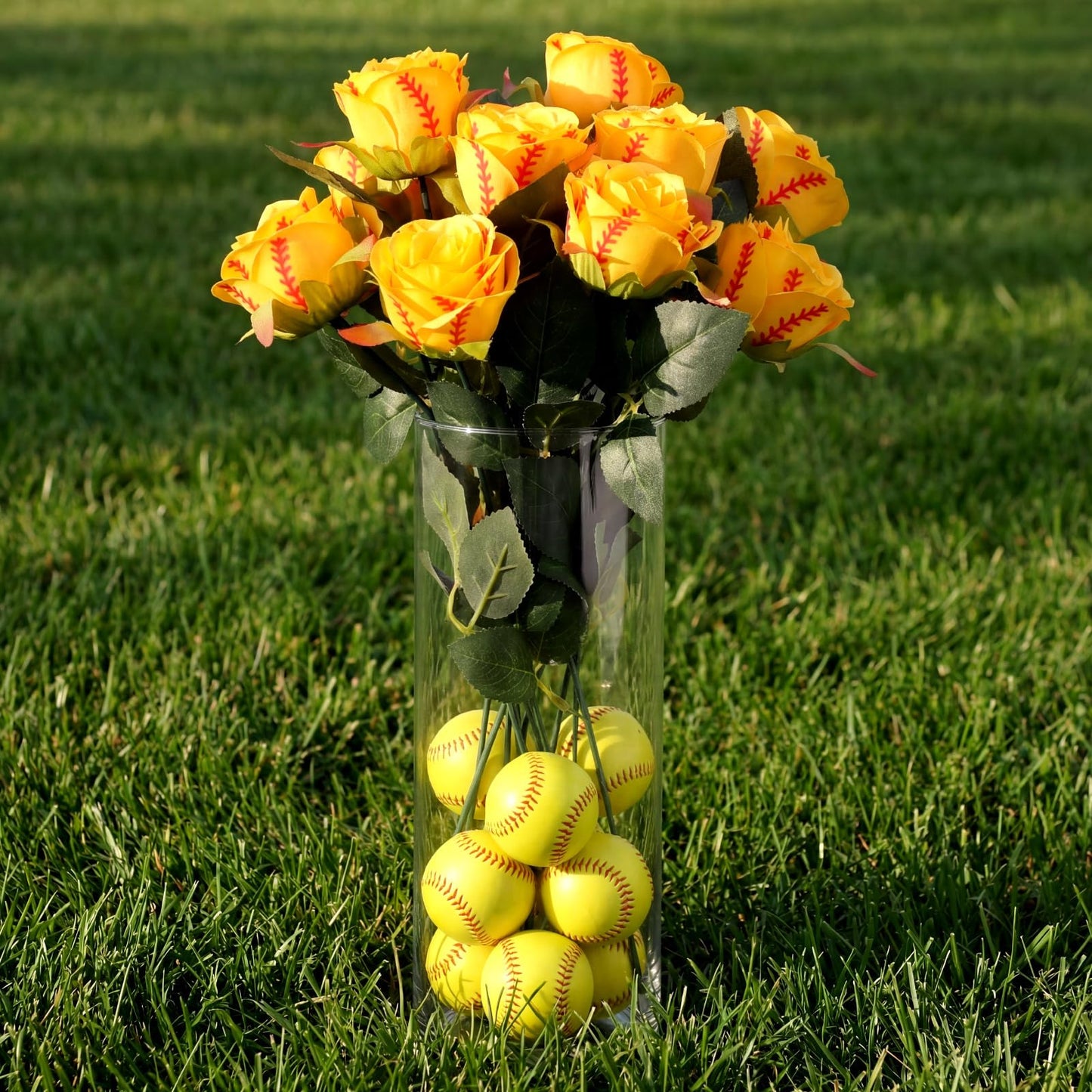 Suncalla 12 Pcs Softball Rose with Leaves Bulk Artificial Fake Roses Decor Sports Flower Gifts for Table Centerpieces Graduation Wedding Gifts Sports Theme Rose Bouquet Party Favors