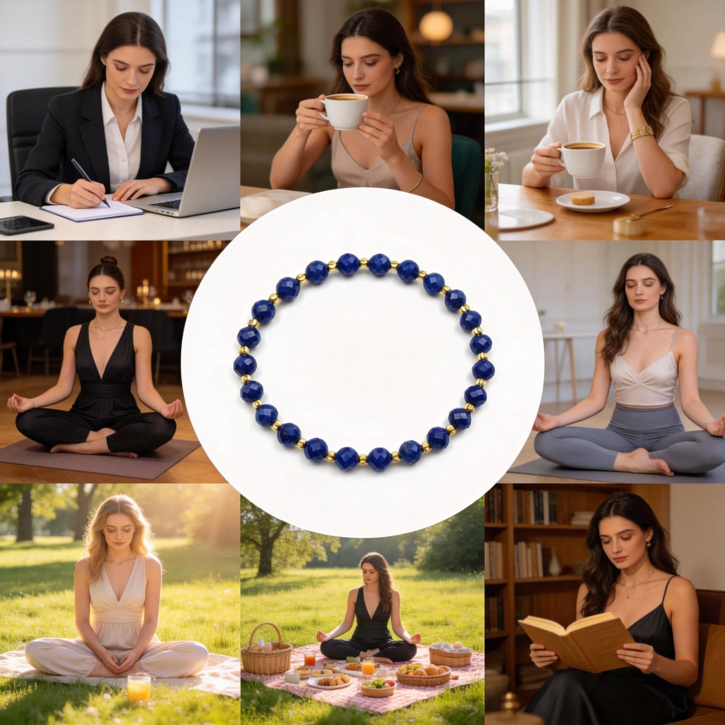 Lapis Lazuli Faceted Bracelet with 18K Gold-Tone Spacer Beads – 6mm 64-Cut Natural Blue Gemstone | Sparkling Healing Crystal Jewelry for Women | Elegant Handmade Stretch Bracelet Gift with Velvet Pouch(6mm 64-Facet Sparkle)