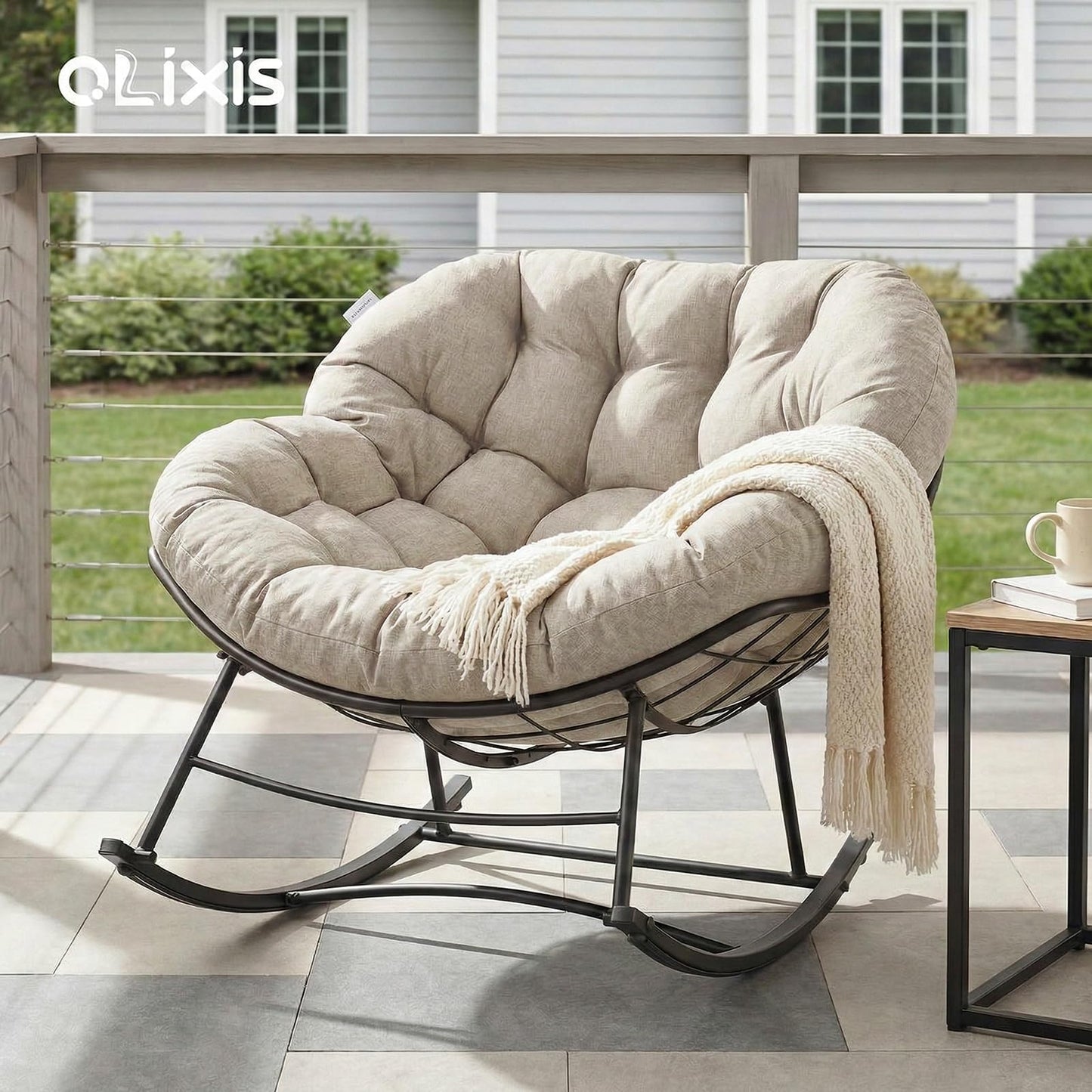 OLIXIS Outdoor Rocking Chair with 5.5" Thick Cushion, Oversized Egg Lounge Chair with Water-Repellent & UV-Resistant Fabric, 450 Lbs Heavy Duty for Patio, Living Room, Garden, Bedroom, Beige