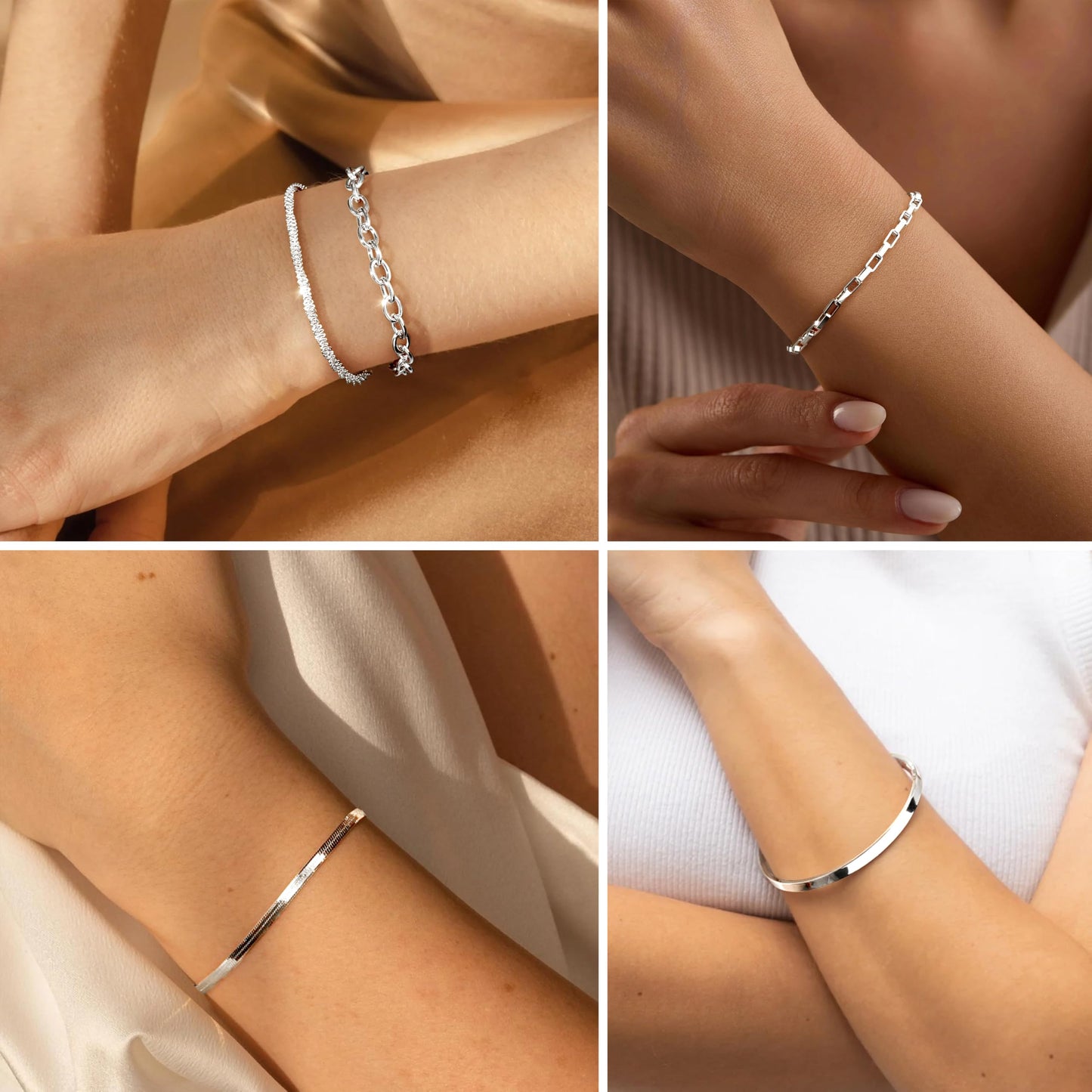 WomenGifts Silver Bracelet Stack for Women, Stackable Bracelets Sterling Silver Set on Bangle Cuff, Box Link, Figaro, Herringbone, Sparkling Chain, Waterproof Tarnish Resistant Jewelry Gift for Women