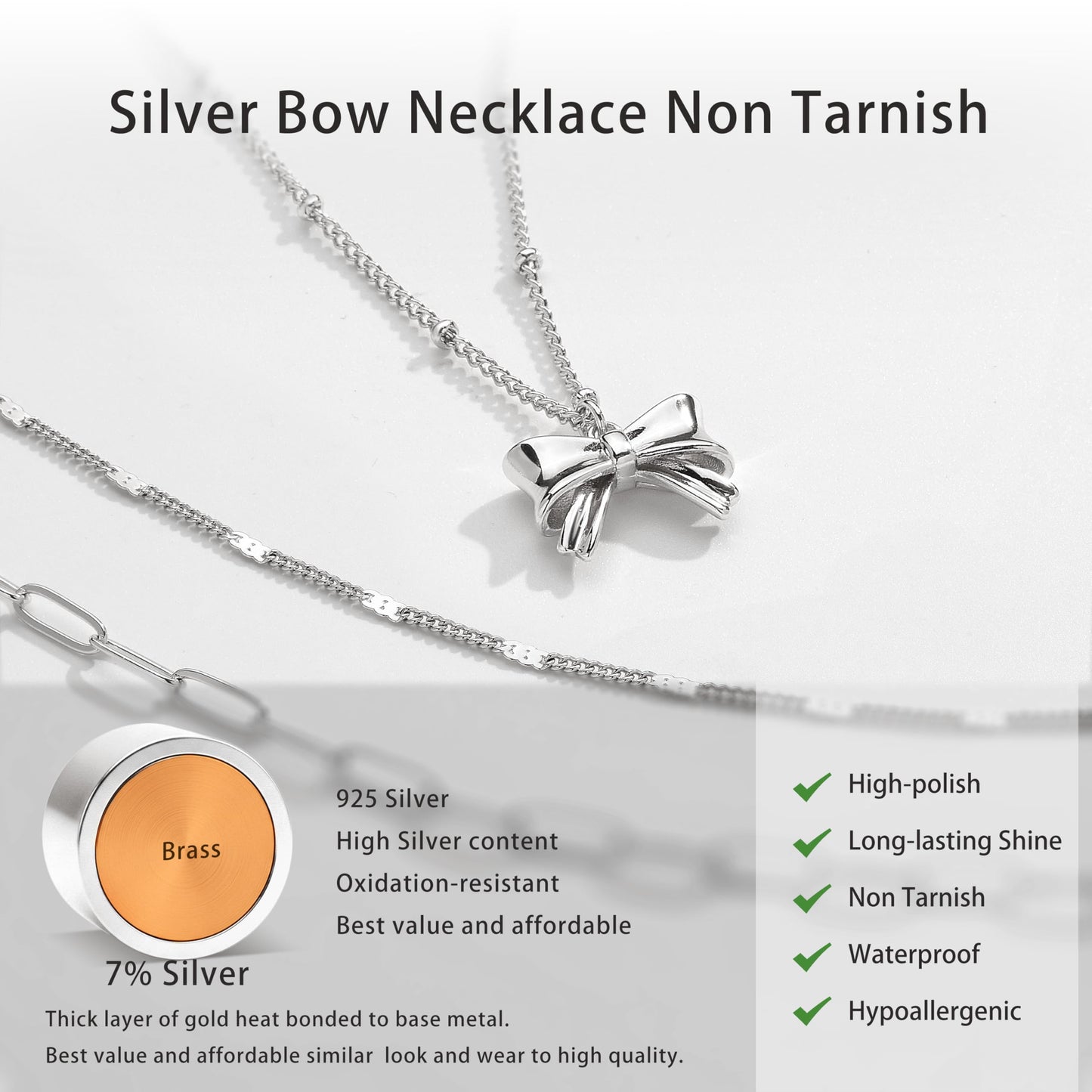 Layered Silver Bow Necklaces for Women, Silver Plated Dainty Stackable Choker Necklaces for Women, Trendy Layering Small Bow Pendant Paperclip Thin Chain Necklace Set Jewelry Gifts for Women