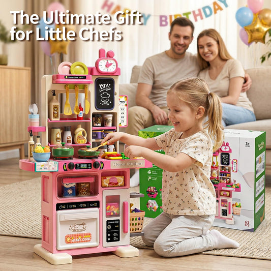 33.8IN - 70PCS Kids Kitchen Playset with Sound & Light - Cooking Stove with Steam, Play Sink and Toy Kitchen Accessories - Pretend Kitchen Play Food Toys for Kids Boys Girls - Toddler Play Kitchen Set