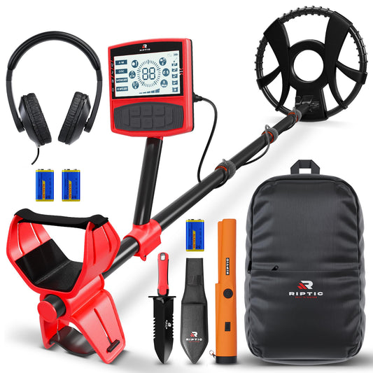 RipTic Metal Detector for Adults with Pin Pointer - Waterproof Metal Detector, Pinpointer with 5 Modes, Headphones, Bag, Dagger,Adults Professional, Beach, ip68 Coil,Gold Detector