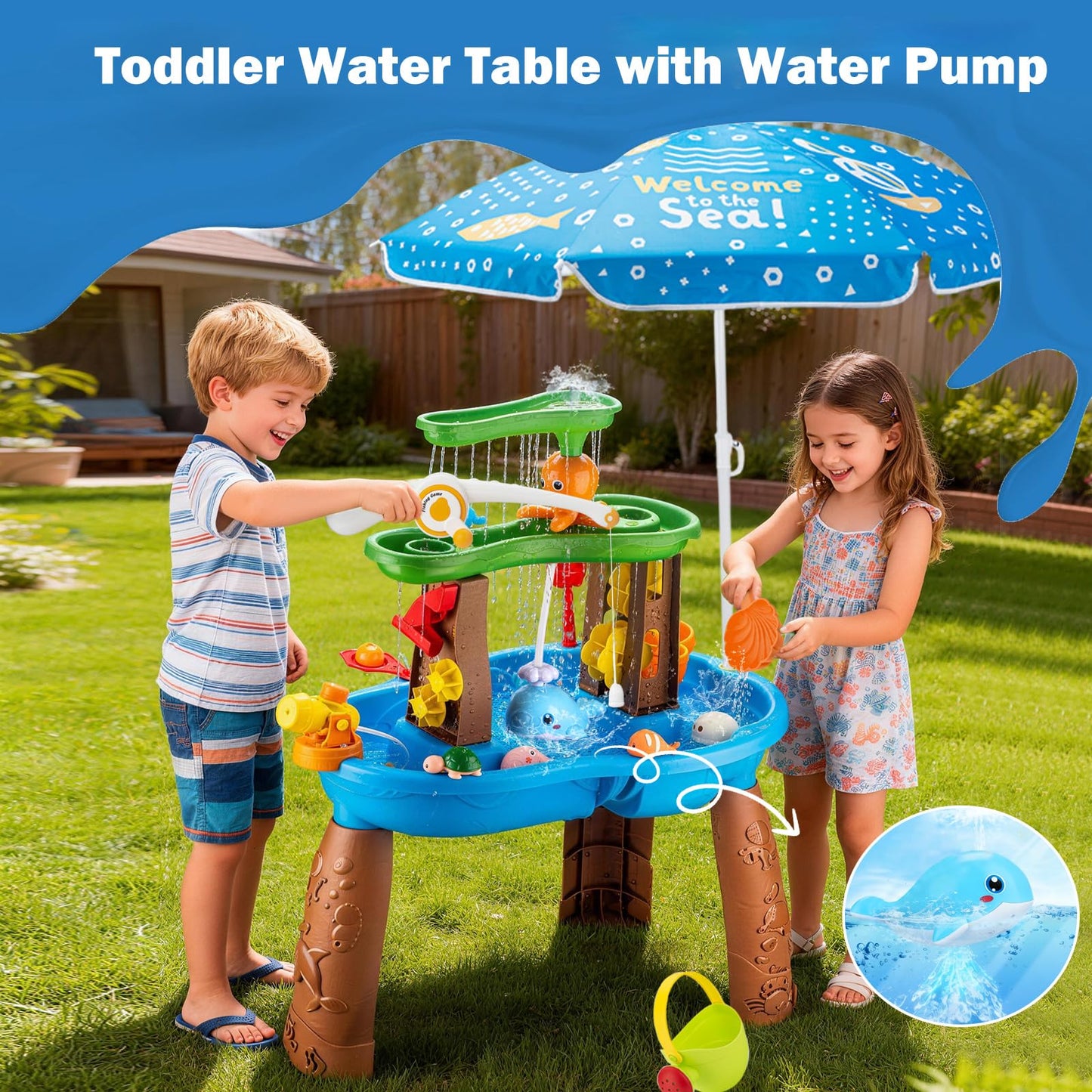 ZACEAC Water Table for Toddlers 3-5 with Umbrella Outdoor Toys for Kids Ages 4-8 Kids Sand Water Table with Fishing Game Set Activity Sensory Table with Water Pump Summer Gift for Kids
