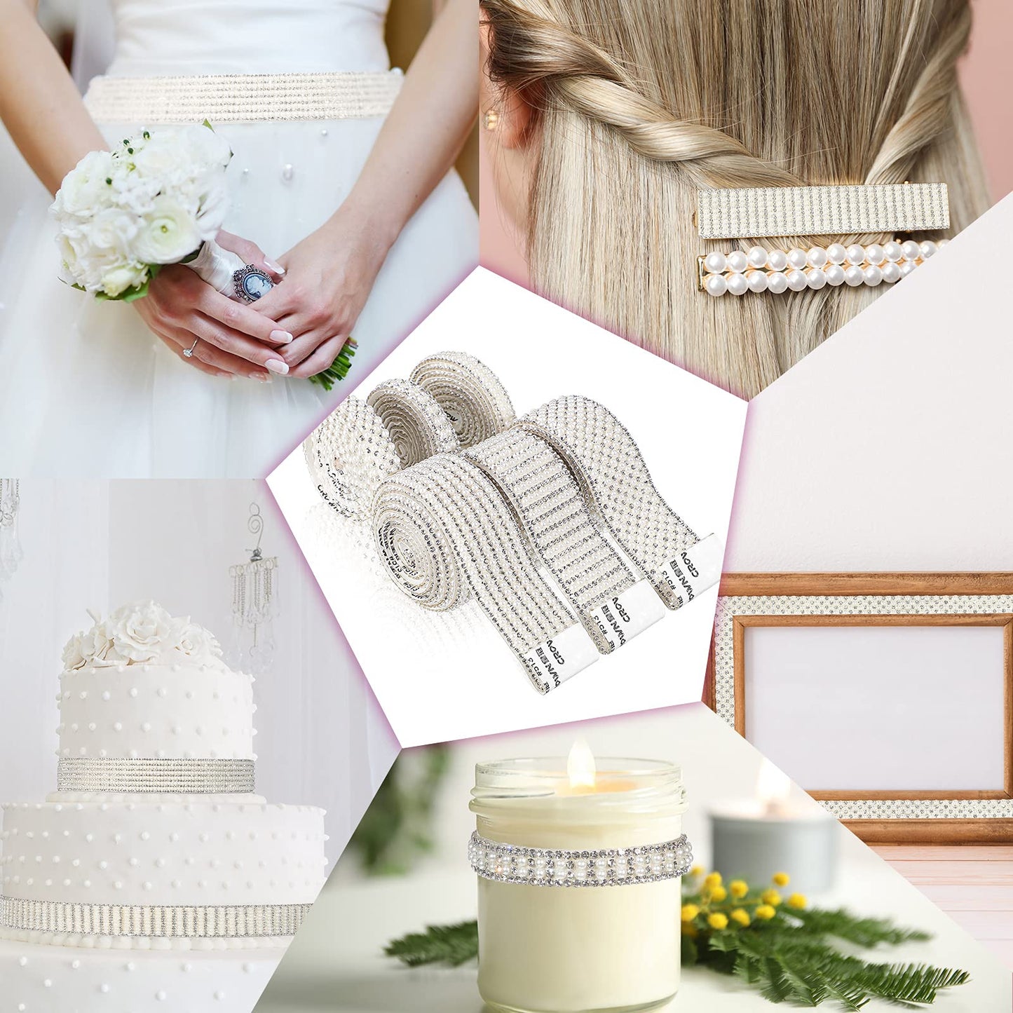 WILLBOND Pearl Rhinestone Strips 6 Rolls 5. 28 Yards Pearl Diamond Ribbon Rhinestones White Self Adhesive Faux Crystal Stickers for Wedding Birthday Party Art Crafts Car Phone Shoes Decors(Silver)
