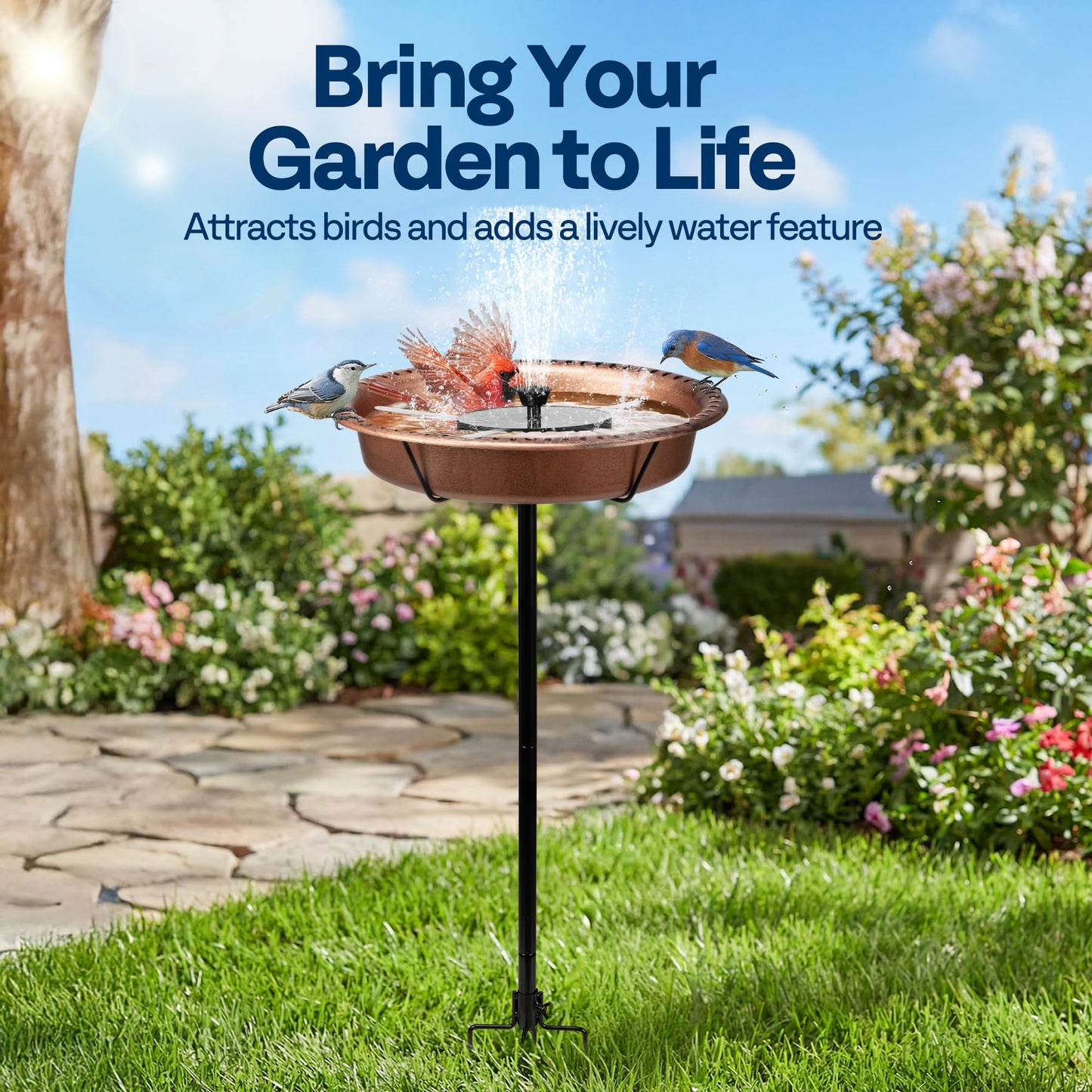 VIVOHOME Oval Bird Bath with Solar Fountain for Outside, Weather-Resistant ABS Birdbath Bowl with Solar Powered Pump, Metal Ground Stake for Outdoor, Garden, 1.3 Gallons, Bronze