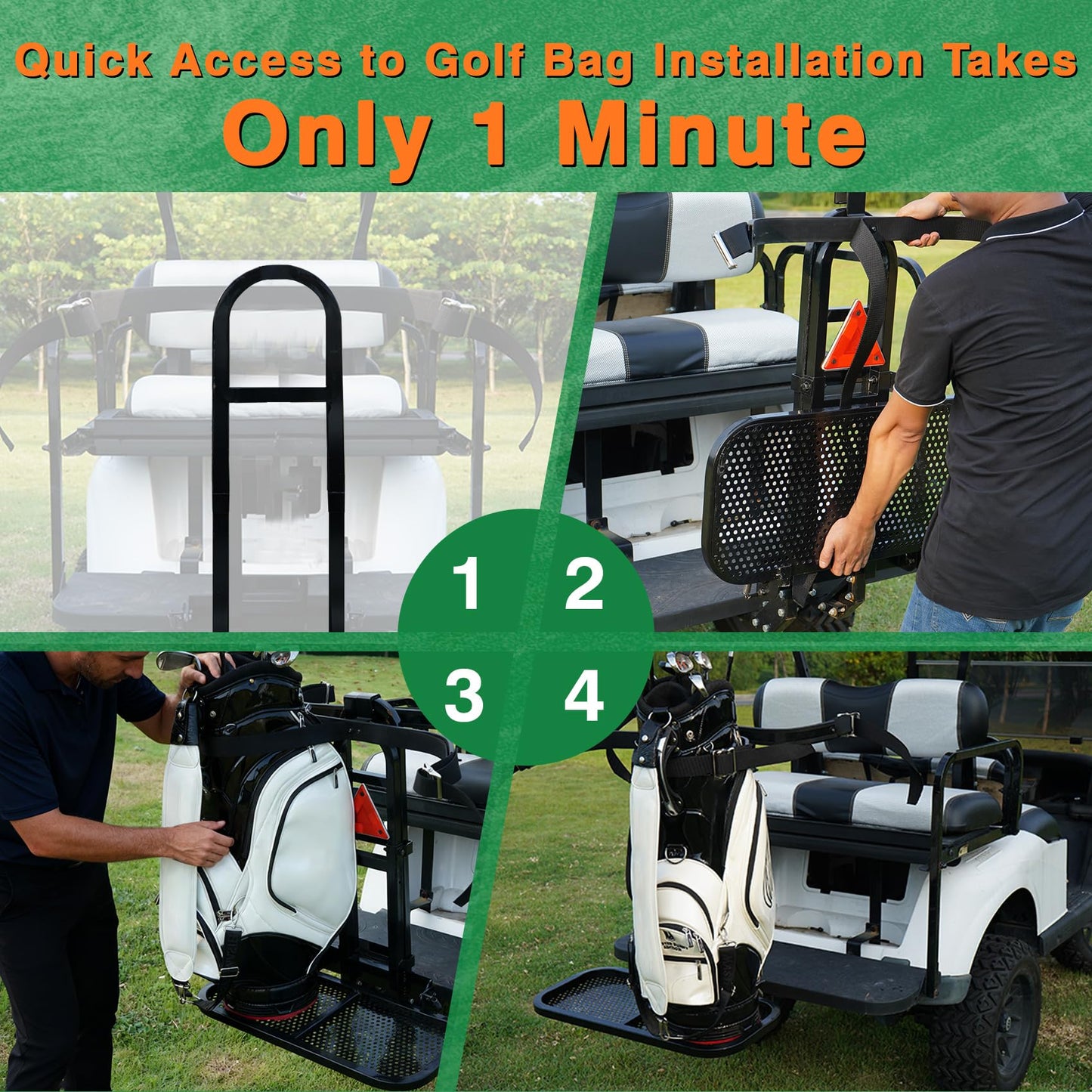 Foldable Golf Cart Rear Seat Bag Holder Fits 4 Seater Golf Cart Bag Holder Compatible with EZGO/Club Car/Yamaha Works for Rear Armrests Up to 8" & 24.5" Wide Equipped with Stainless Steel Buckles