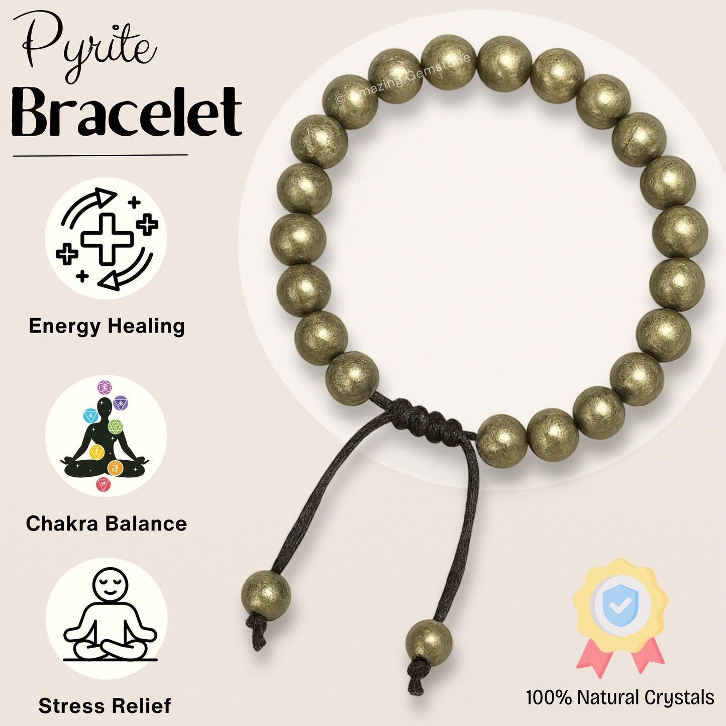 Amazing Gemstone Pyrite Bracelet, Gifts For Men & Women - Protection Healing Crystal Bracelet - 8mm Gemstone Beaded Adjustable Bracelet, Pulseras Para Hombres Mujer Stocking Stuffers