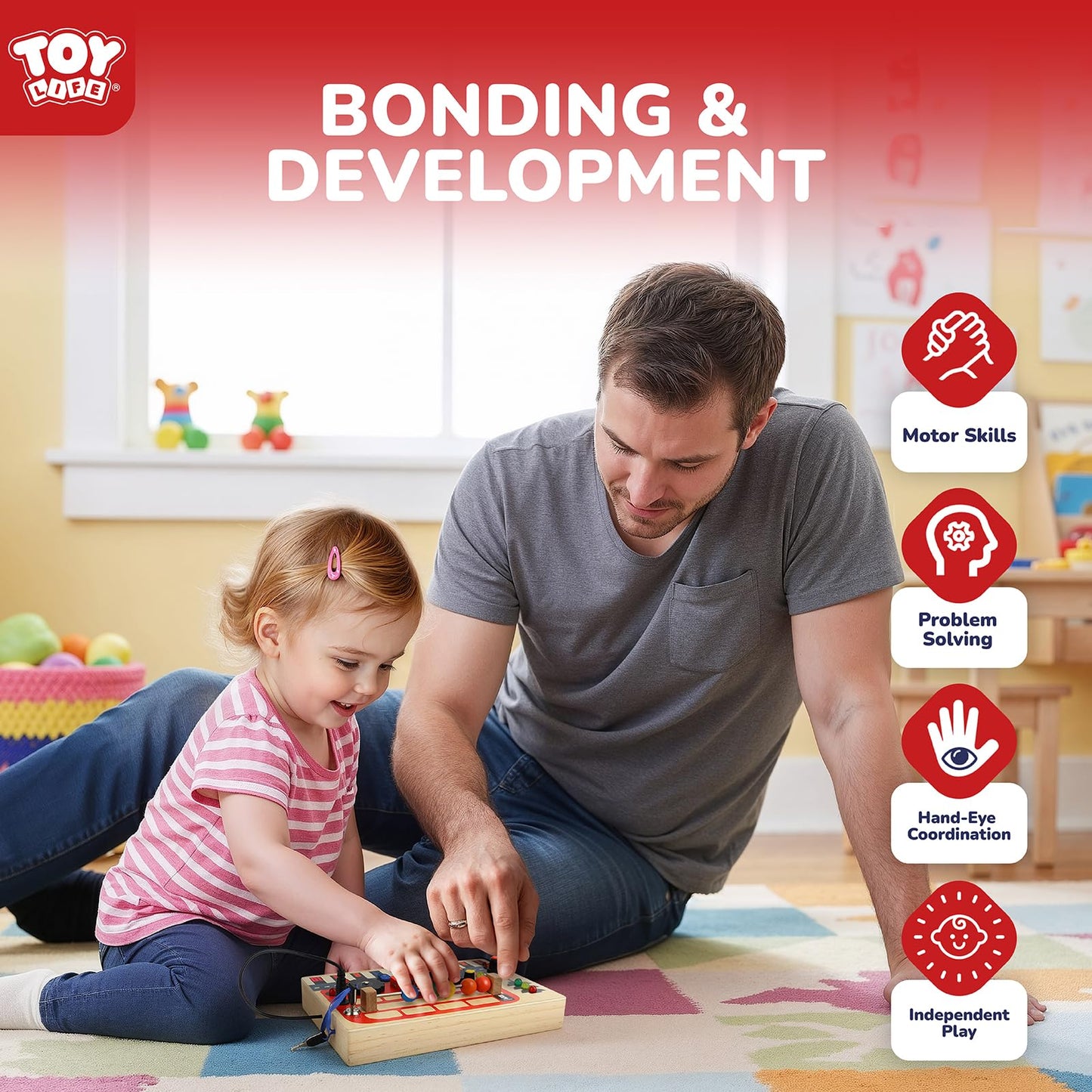 TOY Life Toddler Montessori Busy Board, Wooden Bus Sensory Board Toys with LED Light Up Switchs, Baby Busy Fidget Boards Travel Toys, Easter Birthday Gifts for 1+ Year Old Kids Girls Boys
