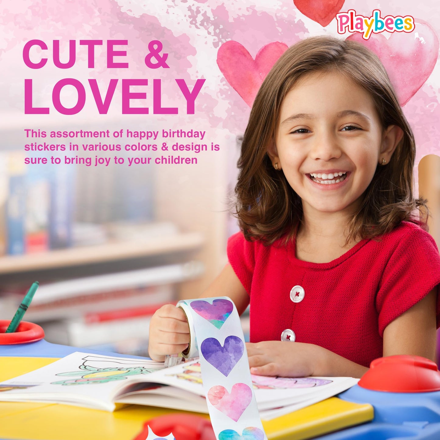 Playbees Watercolor Heart Stickers for Kids - 200 Pack of Rainbow Heart Themed Designs - Valentine’s Day Kids Educational Arts and Crafts, Scrapbooking, Teacher Awards, Classroom Prize, Encouragement