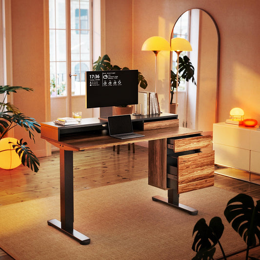 HUANUO Standing Desk with Drawers and File Cabinet, 47 Inch Electric Height Adjustable Desk with Storage, Ergonomic Stand Up Table Compatible with Monitor Stand, Black Walnut