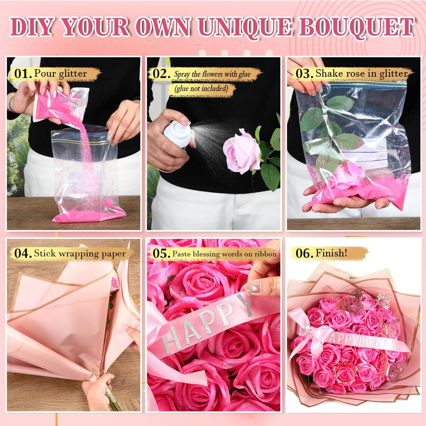 Thiccywoov Valentine Glitter Roses Bouquet (exclude Rose & Glue) DIY Roses with Glitter Powder Flower Wrapping Paper Letter Stickers Bags for Mothers Day Birthday Wedding Graduation Xmas Gifts(Pink)