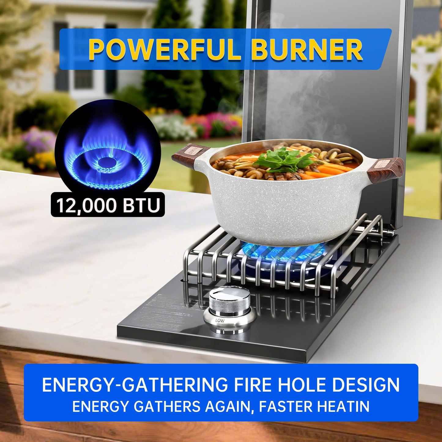 Built-in Single Side Grill Burner with Cover, Black 304 Stainless Steel Side Burner for Outdoor Kitchen, Propane & Natural Gas, Outdoor BBQ for Family Patio Parties