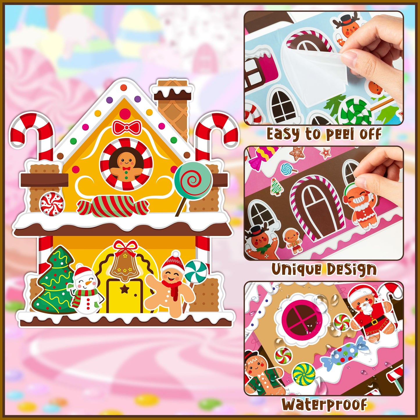 Aginc Berry 12Pcs Christmas Gingerbread Candy House Scene Sticker Art Craft, Make Your Own Christmas Candy House Sticker Scene with Xmas Tree Snowman Stickers for Kids, Xmas Holiday Party Favors
