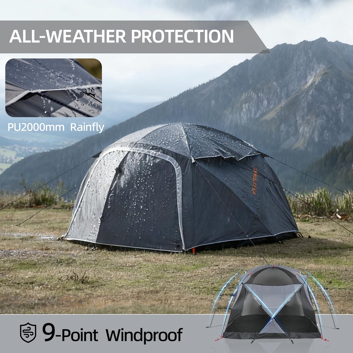 EchoSmile Tents for Camping, Waterproof Windproof Tent with Multi-Pole, 3-5 Person Spacious Dome Tent with Expandable Space for Shoes, Packs & Wet Items, Easy Setup Tent for Camping & Hiking-Gray