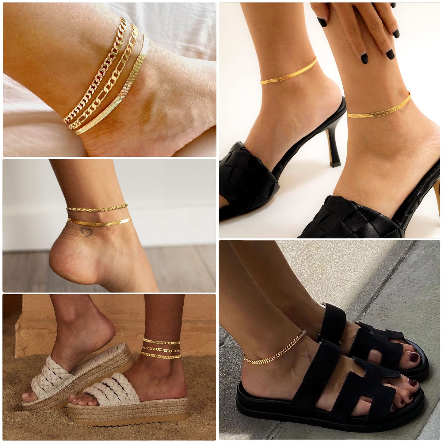 DEARMAY 14K Gold Plated Anklets Waterproof Ankle Bracelets for Women Cuban Link Anklet Bracelets Cute Figaro Paperclip Rope Herringbone Set Jewelry