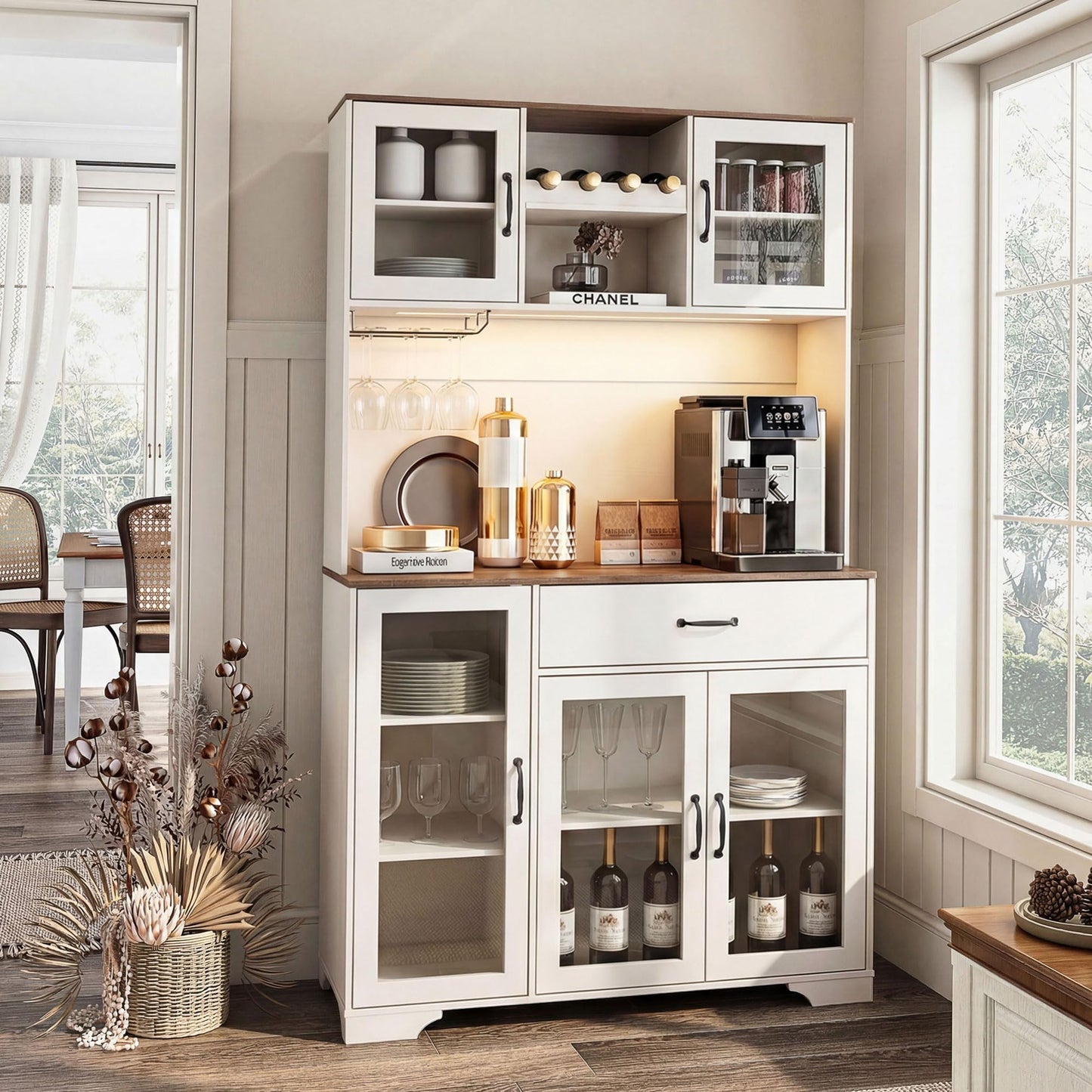 Fatmok 71" Tall Pantry Cabinet, Coffee Bar Storage Cabinet with Charging Station & LED Lights, Kitchen Hutch Food Pantry Cabinet with Wine Rack, Drawer, Adjustable Shelves & Microwave Stand, White