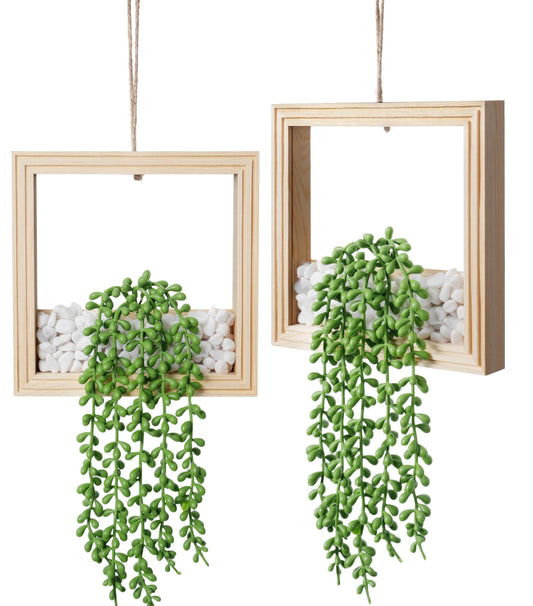 FancyPlus 2 Pack Fake Plants Hanging, Artificial Succulents Plants in Square Wooden Frame with LED Lights, Boho Wall Decor for Office Living Room Bathroom Bedroom Kitchen Indoor Outdoor, Natural Wood