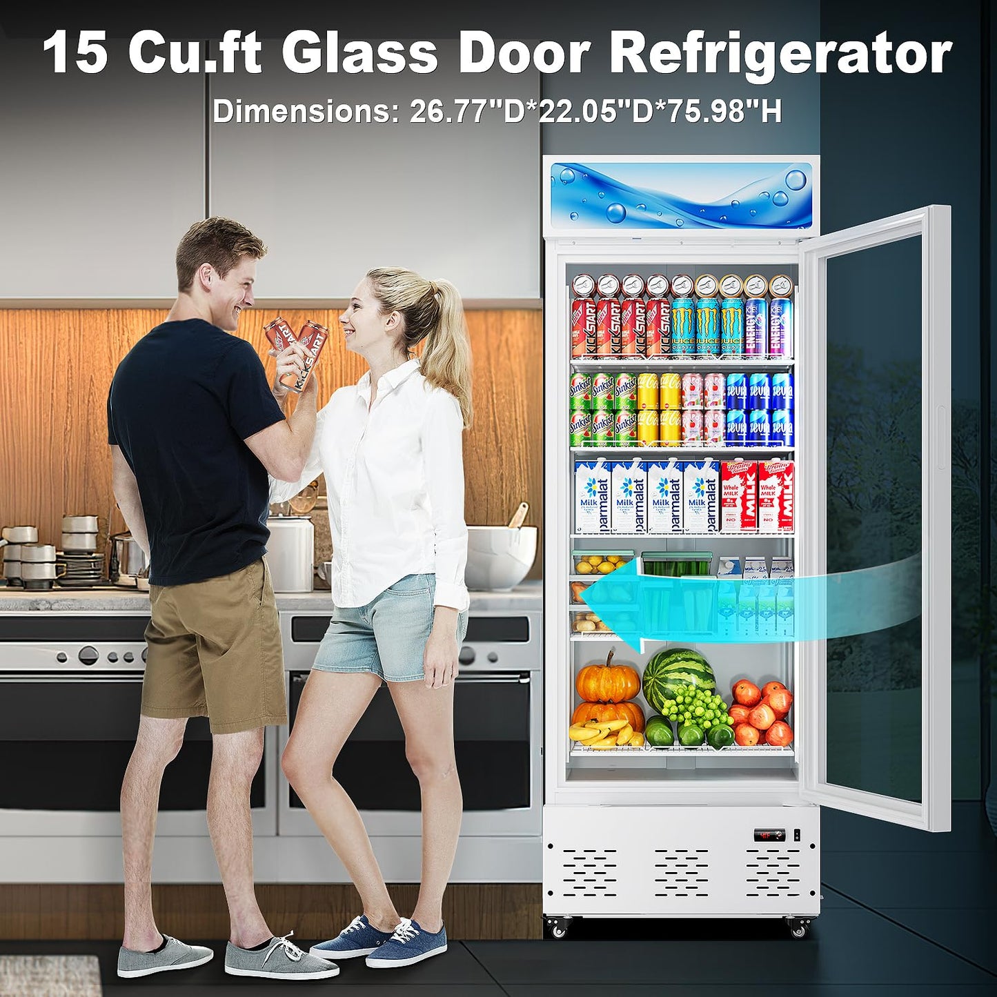 ECEVT 26.8'' W Commercial Beverage Fridge, 15 Cu.ft. Merchandiser Refrigerator Glass Door Upright Display Cooler with LED Light and Adjustable Shelves for Restaurant Grocery Stores Home, White