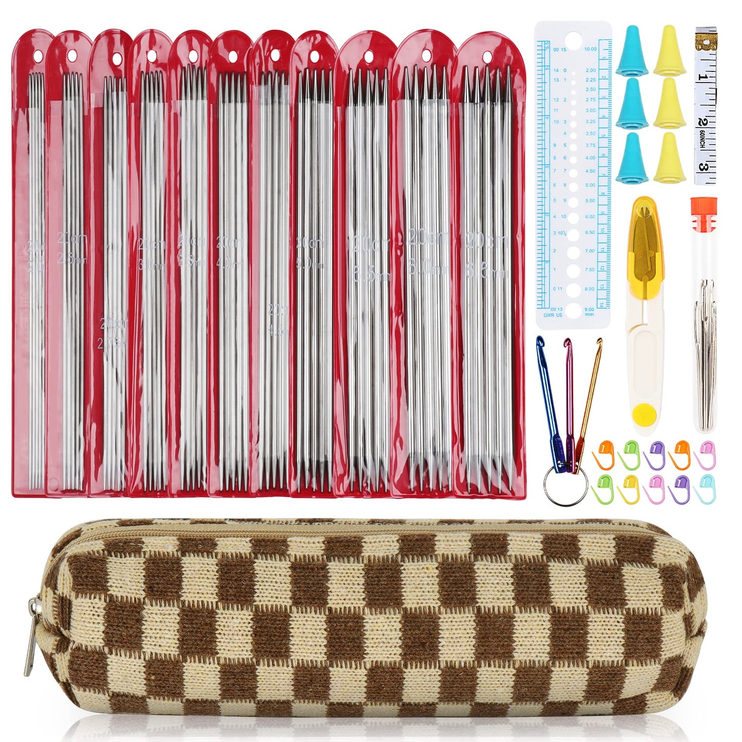Aeelike 55pcs Double Pointed Knitting Needles - Short Knitting Needles Set Straight Knitting Needles Double Pointed for Beginners - 11 Sizes Stainless Steel Metal Knitting Needle Sets 2mm to 6.5mm