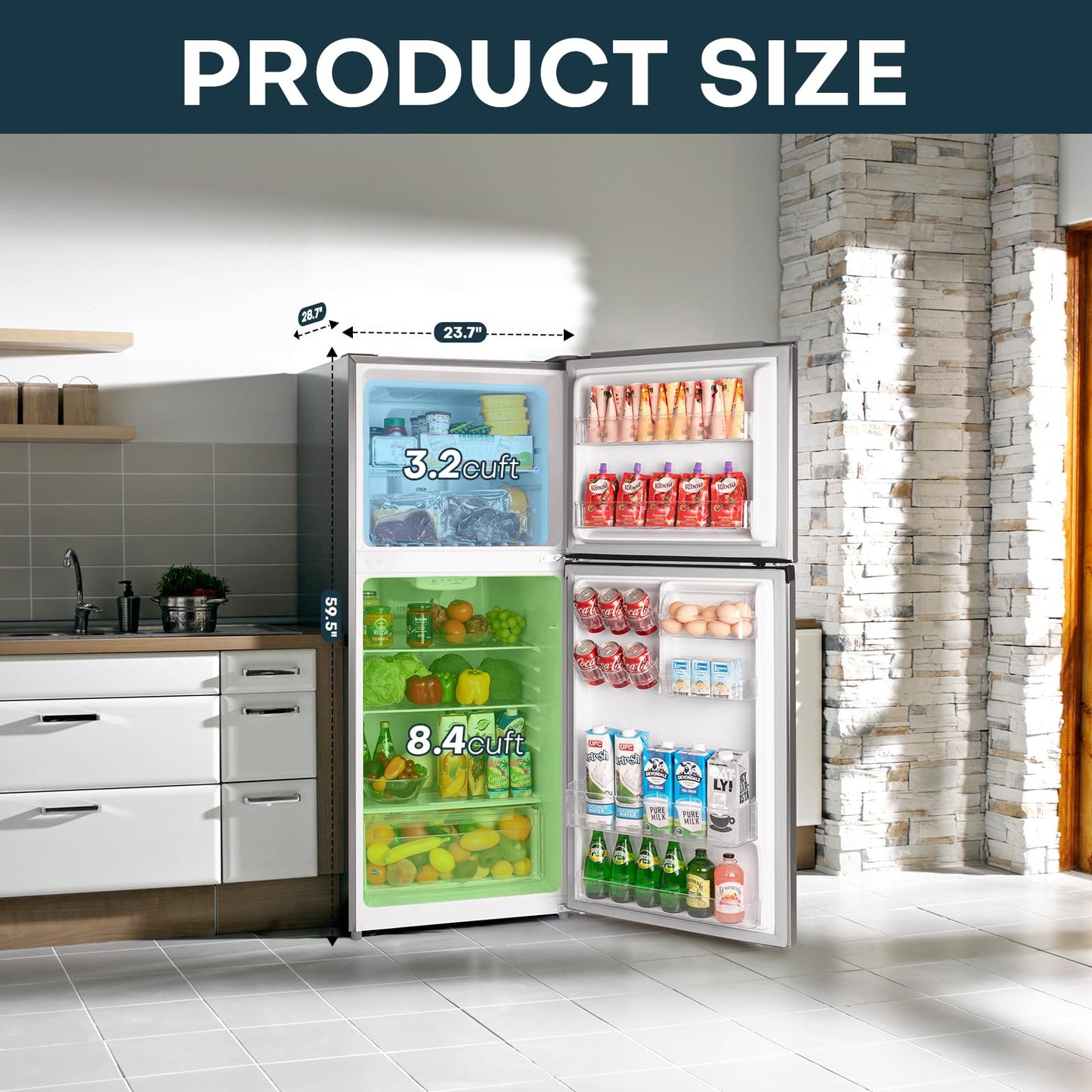 Upstreman 11.6 Cu.Ft. Double Door Refrigerator in Stainless Steel with Large Capacity Top Freezer, Frost Free, Adjustable Thermostat Control, Apartment Refrigerator with Freezer, ENERGY STAR