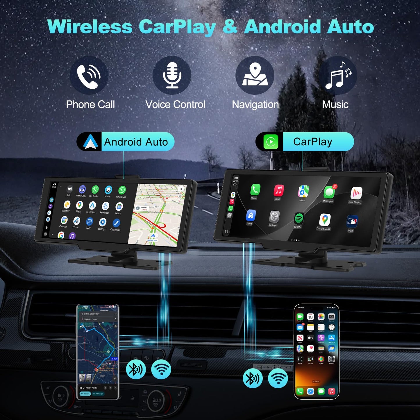 Portable Apple CarPlay Screen for Car, 10.26“ Wireless CarPlay & Android Auto Touch Screen Voice Control Navigation, 4K Dash Cam & 1080P Backup Camera DVR Recording Plug & Play for Car Truck