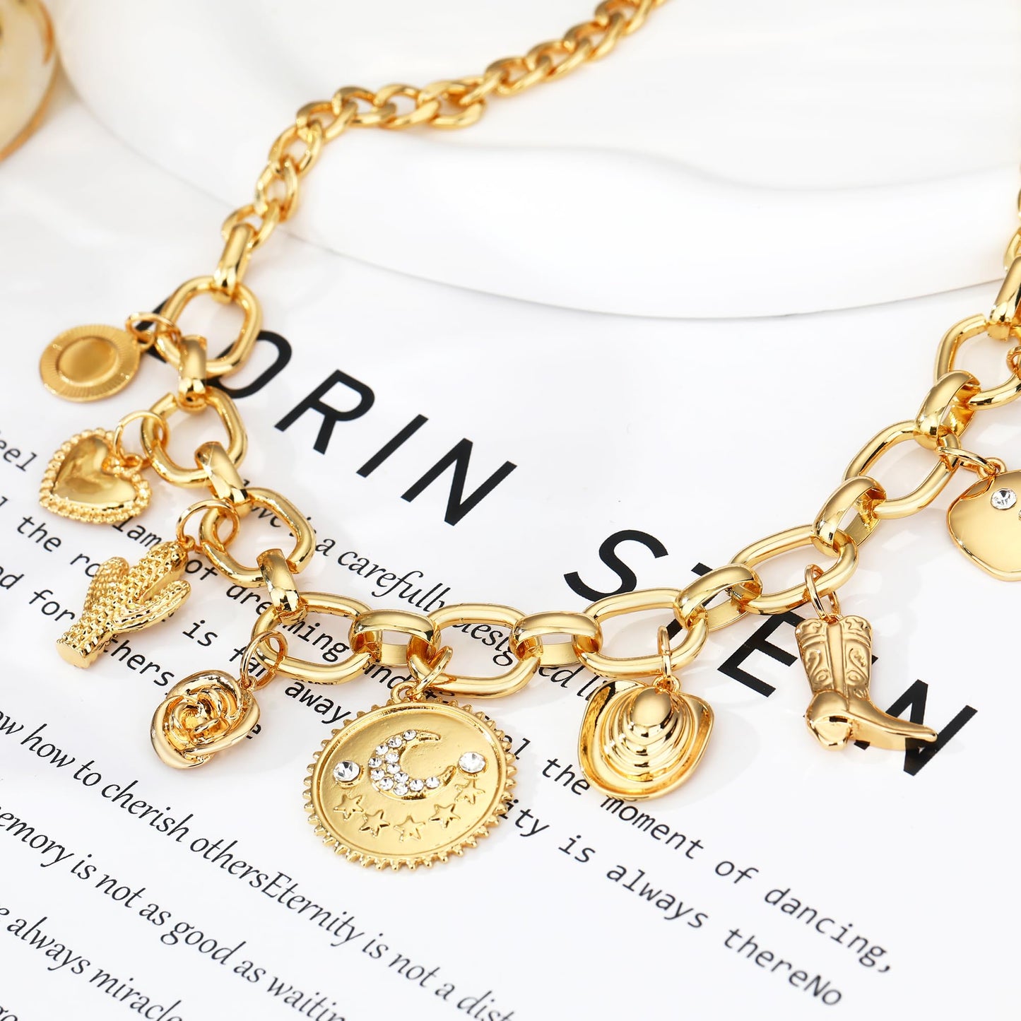 MISS RIGHT Charm Necklace for Women Chunky Gold Western Coastal Cowgirl Boot Tarot Card Coin Star Moon Celestial Charms Pendant Paperclip Chain Necklace Jewelry Gifts Cowboy