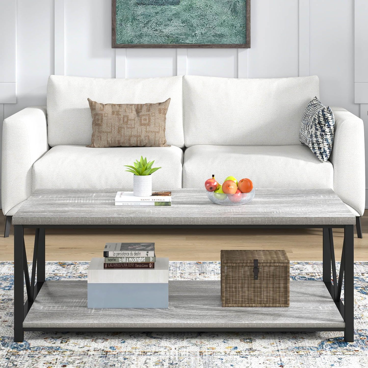 FOLUBAN Coffee Table, Modern Rectangle Living Room Table with Storage Shelf, Rustic Wood and Metal Center Table, Light Grey, 47 Inch