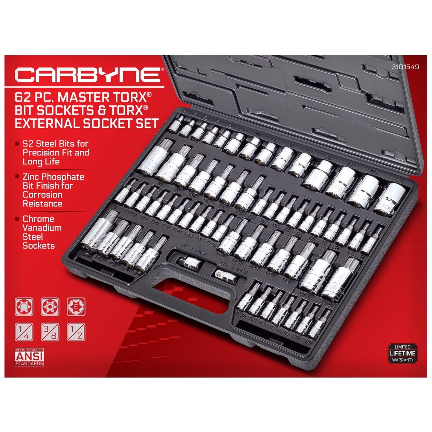 CARBYNE 62-Piece Master Torx Bit Socket Set & External (eTorx) Socket Set, Includes T6 - T70, TT6 - TT70, TP8 - TP60, E4 - E24| S2 Steel Bits, Cr-V Sockets, Durable Case | 1/4, 3/8, & 1/2 in. Drive