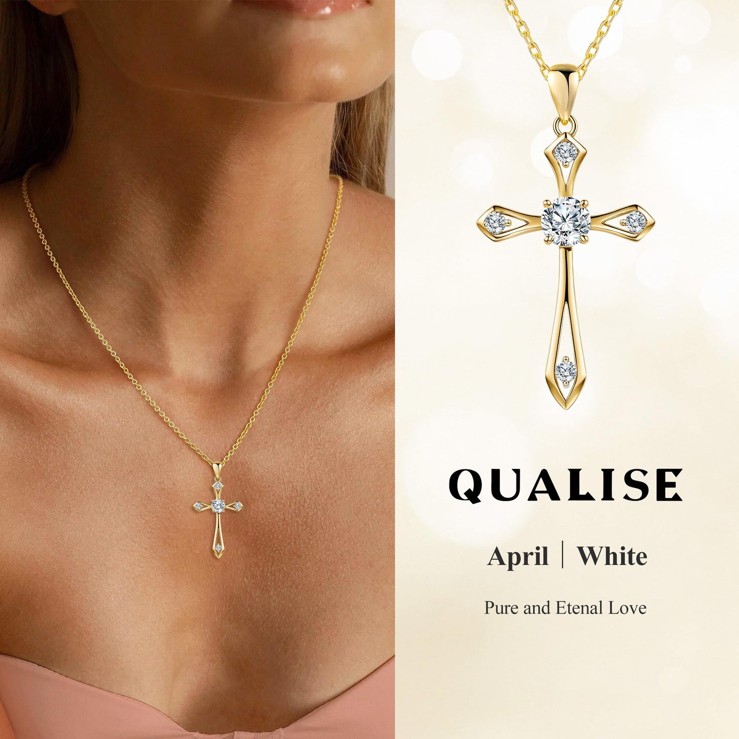 14K Gold Plated Solid Cross Necklace for Women,925 Sterling Silver Ladies Faith Cross Birthstone Pendant Christian Religious Confirmation Baptism Everyday Jewelry Anniversary Birthday Gifts for Her