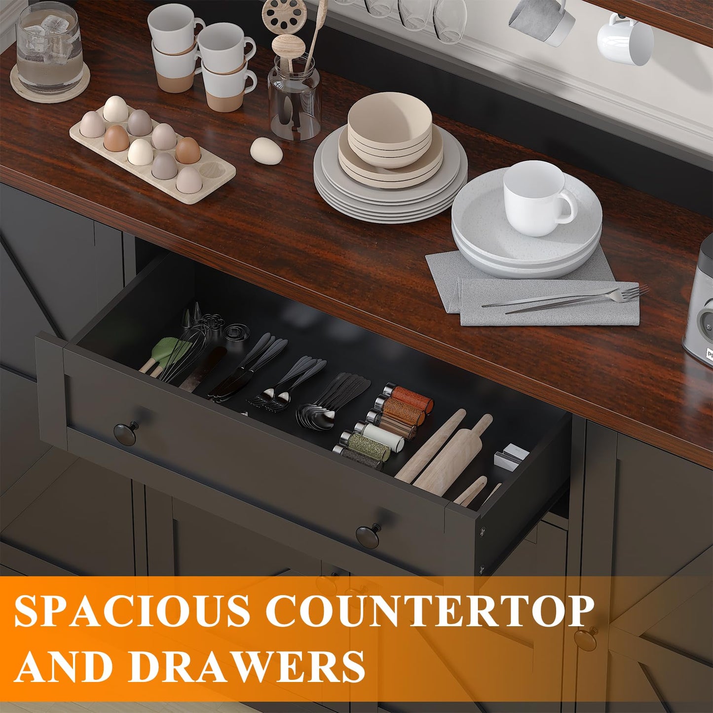 VVFLU Hutch Storage Buffet Cabinet with Drawers, and Charging Station, Coffee Bar Cabinet with Barn Doors, Wine Rack and Hooks, White Wood Sideboard Buffet for Kitchen, Dining Room, 47.8" High