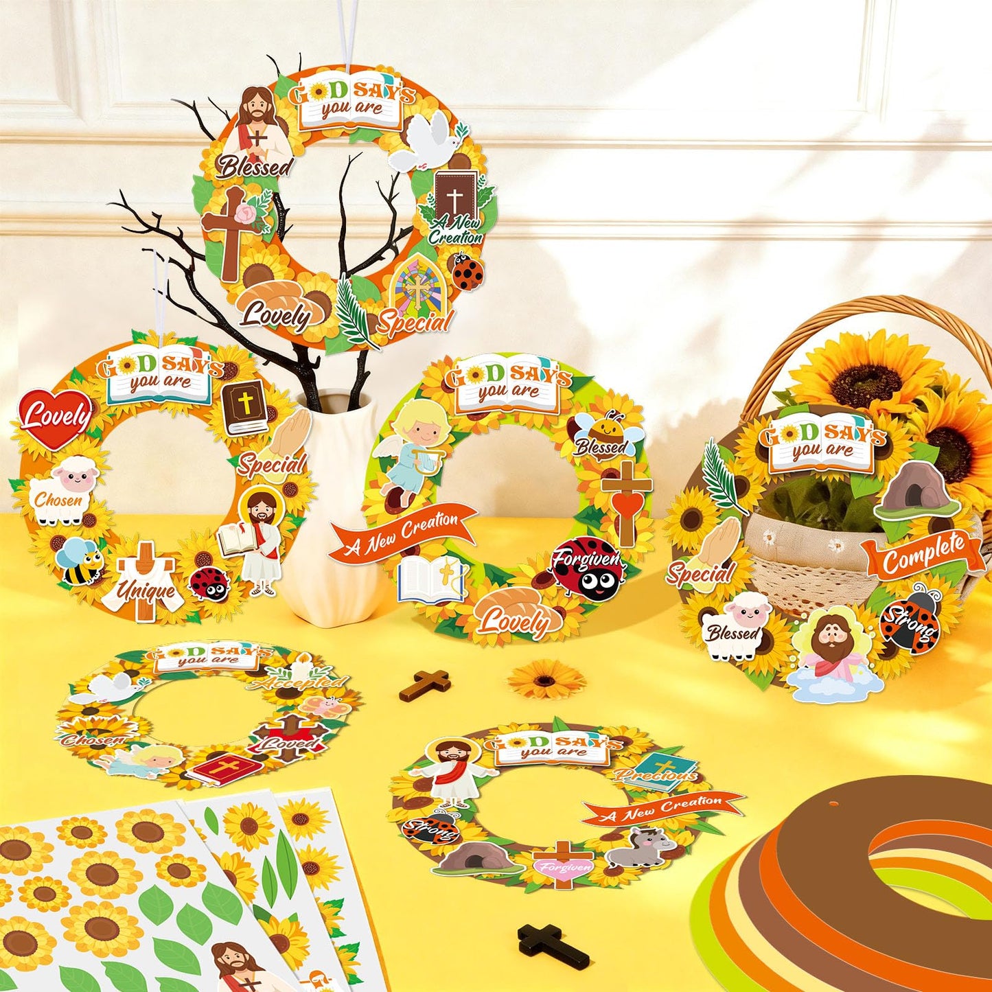 24 Sets Sunflower Religious Craft Kit Christian DIY Spring Wreath Crafts Kit with Jesus Bible Sunflowers Stickers Hanging Ornament for Spring Summer Sunday School Church Activities Home Decor