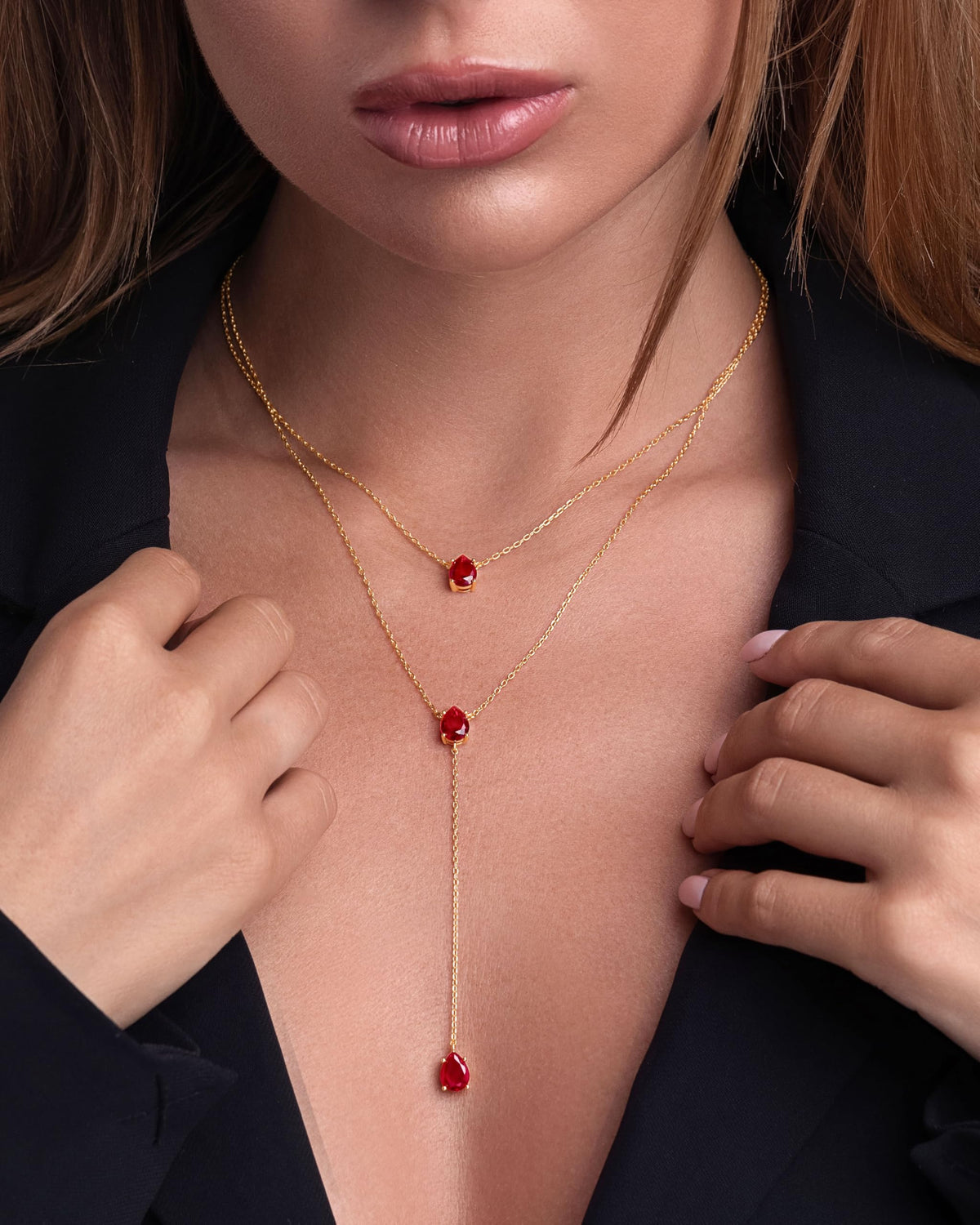 SNGIA Long 18K Gold Plated Blue Green Red Layered Pendant Necklace For Women (Emerald, Ruby, Seafoam, Sky, Sapphire, Pink), Dainty Birthstone Necklace, Statement Necklace Jewelry Gifts.
