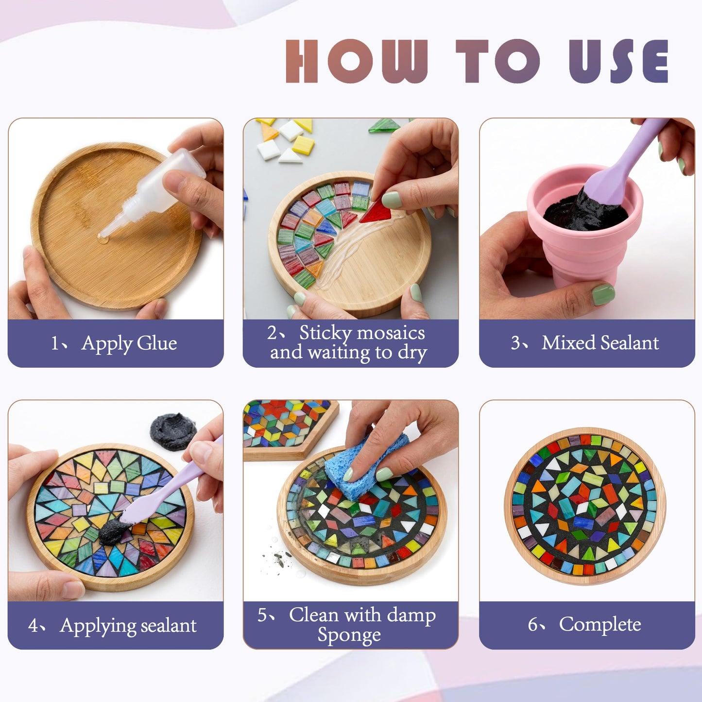 Nuyoach DIY Mosaic Tiles Crafts Kits for Adults, Mixed Stained Glass Mosaic Kit with 2 PCS Wooden Coaster Making Materials Package,Mosaic Adult Crafts for Women Beginners Handmade Home Decor Gifts