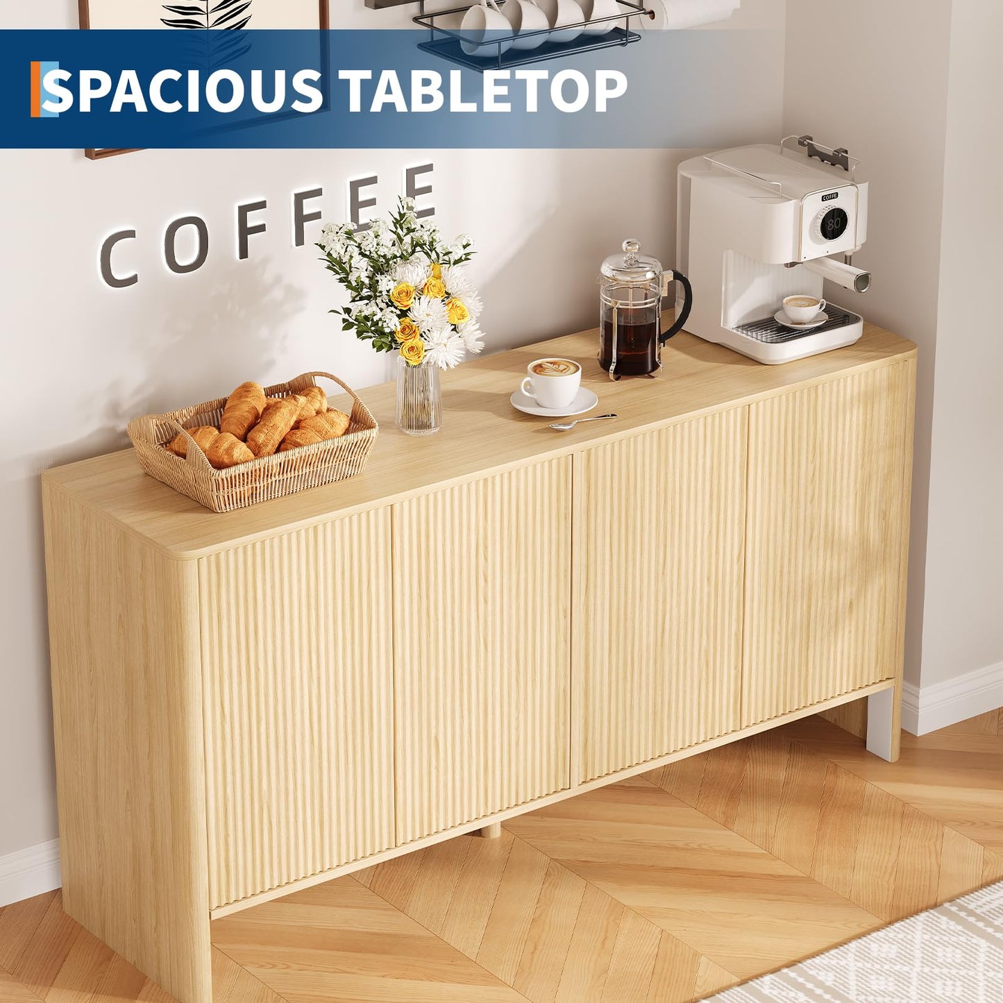 Garvee 58 in Fluted Sideboard Buffet Cabinet, Modern Accent Storage Cabinet with 4 Fluted Doors and Adjustable Shelves, Wood Credenzat Coffee Bar Console Table for Kitchen Dining Living Room- Natural