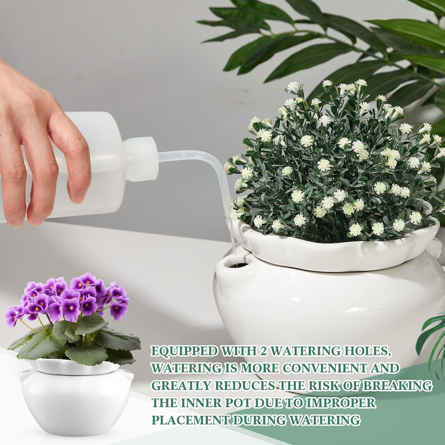 Sunnychicc 4 Set 6 Inches African Violet Pots Self Watering White Ceramic Pot for Indoor Plants, Flowerpot with Highly Absorbent Inner Pot for Busy Plant Lovers,Plant Care