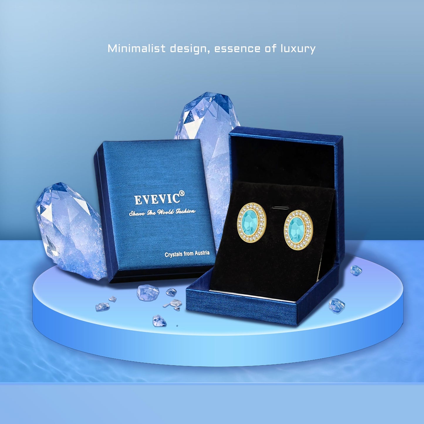 EVEVIC Austrian Crystal Halo Oval Stud Earrings for Women Trendy,14k Gold Plated Hypoallergenic Earring Jewelry Gift (Aquamarine)