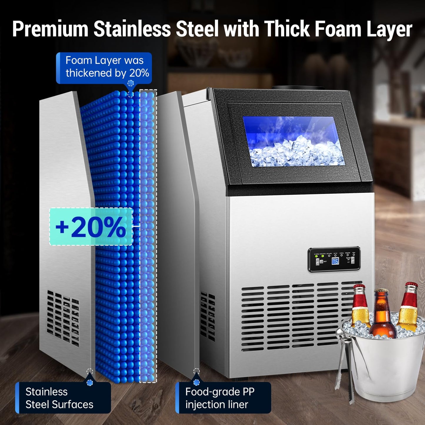 Amzgachfktch Commercial Ice Maker, 120 lbs/24H Ice Machine, 2 Water Inlet Modes, Under Counter Ice Maker with 33 lbs Storage, Auto Self-Cleaning, Freestanding Ice Machine for Home Office Bar
