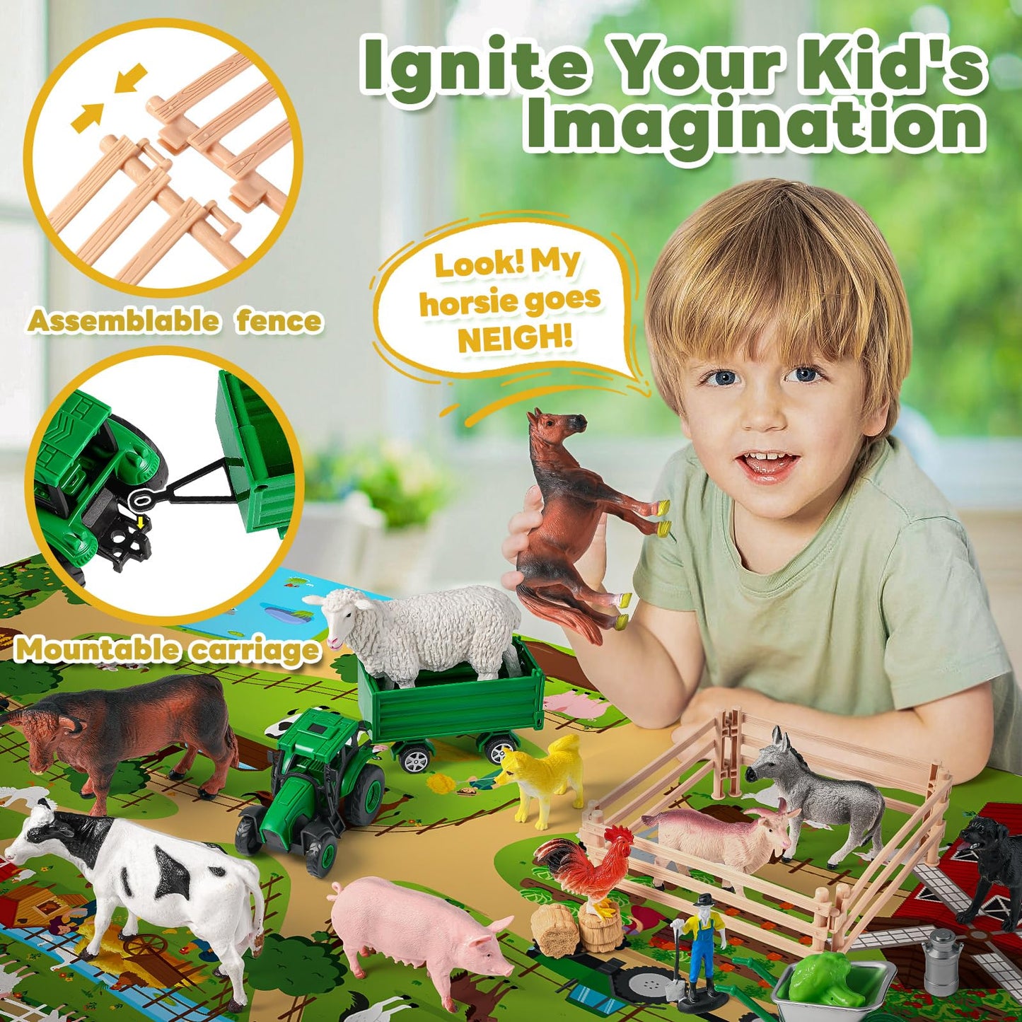 WAIIW Farm Animal Toys for Toddlers,38 PCS Realistic Animal Figurines Toys with 47.2”x31.4” Large Activity Play Mat and Tractor Toy,Farm Playset Educational Learning Toy for Toddlers Kids 3-5